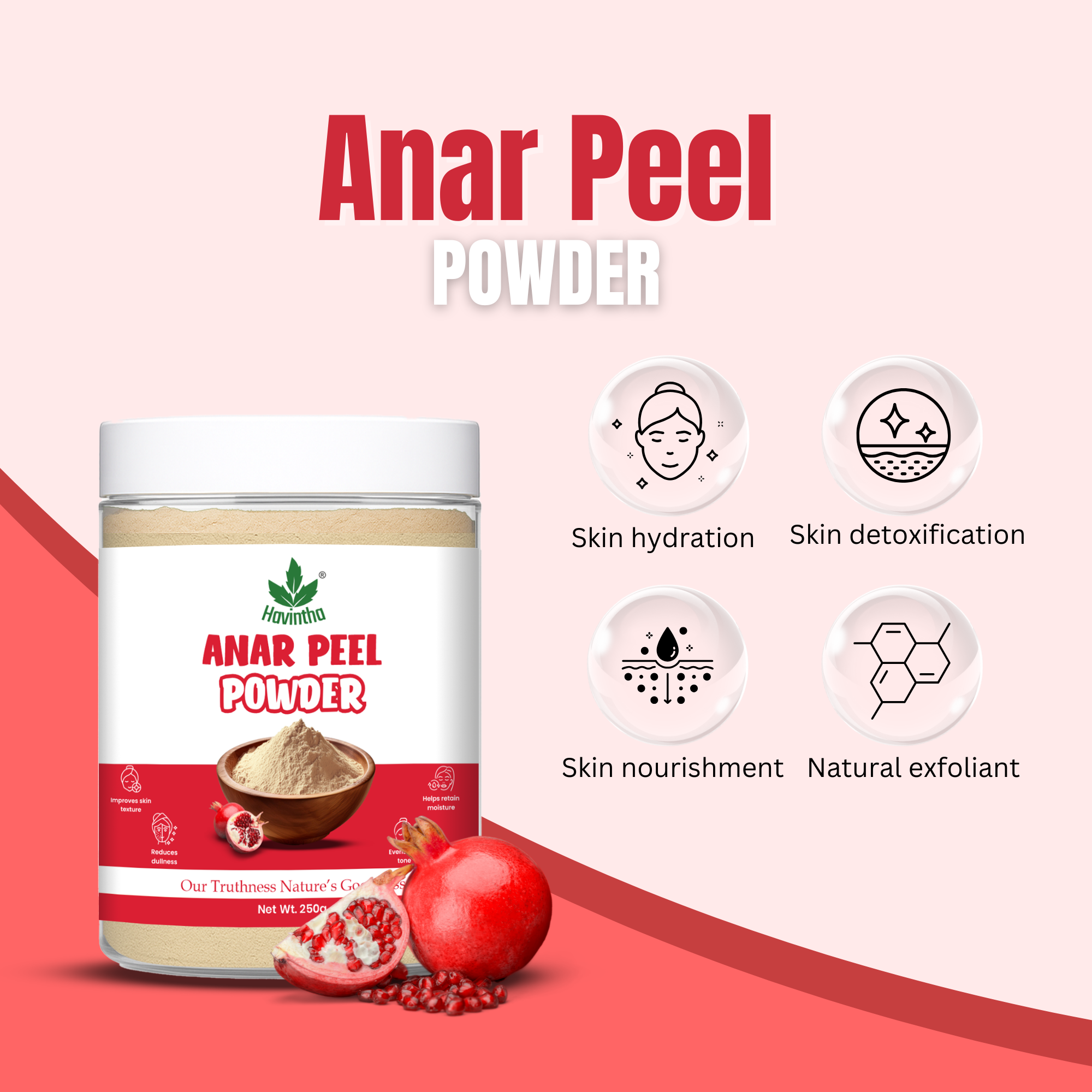 Havintha Natural Anar Peel Powder | For Glowing Skin | Herbal Skin Care | 250 Grams (JAR)