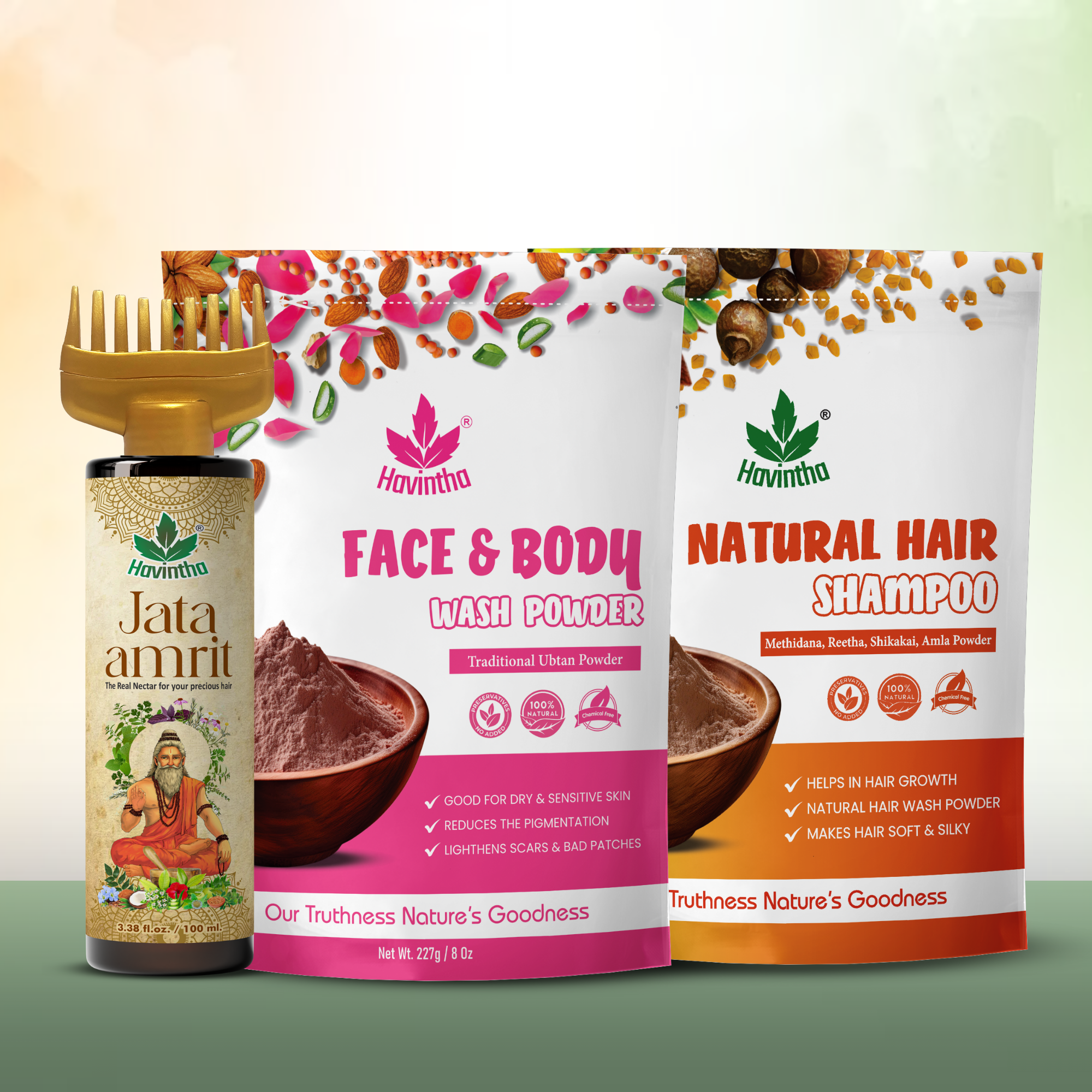 Havintha Natural Hair Shampoo (227g) | Jata Amrit Hair Oil (100ml) & Face Body Wash Ubtan Powder (227g)