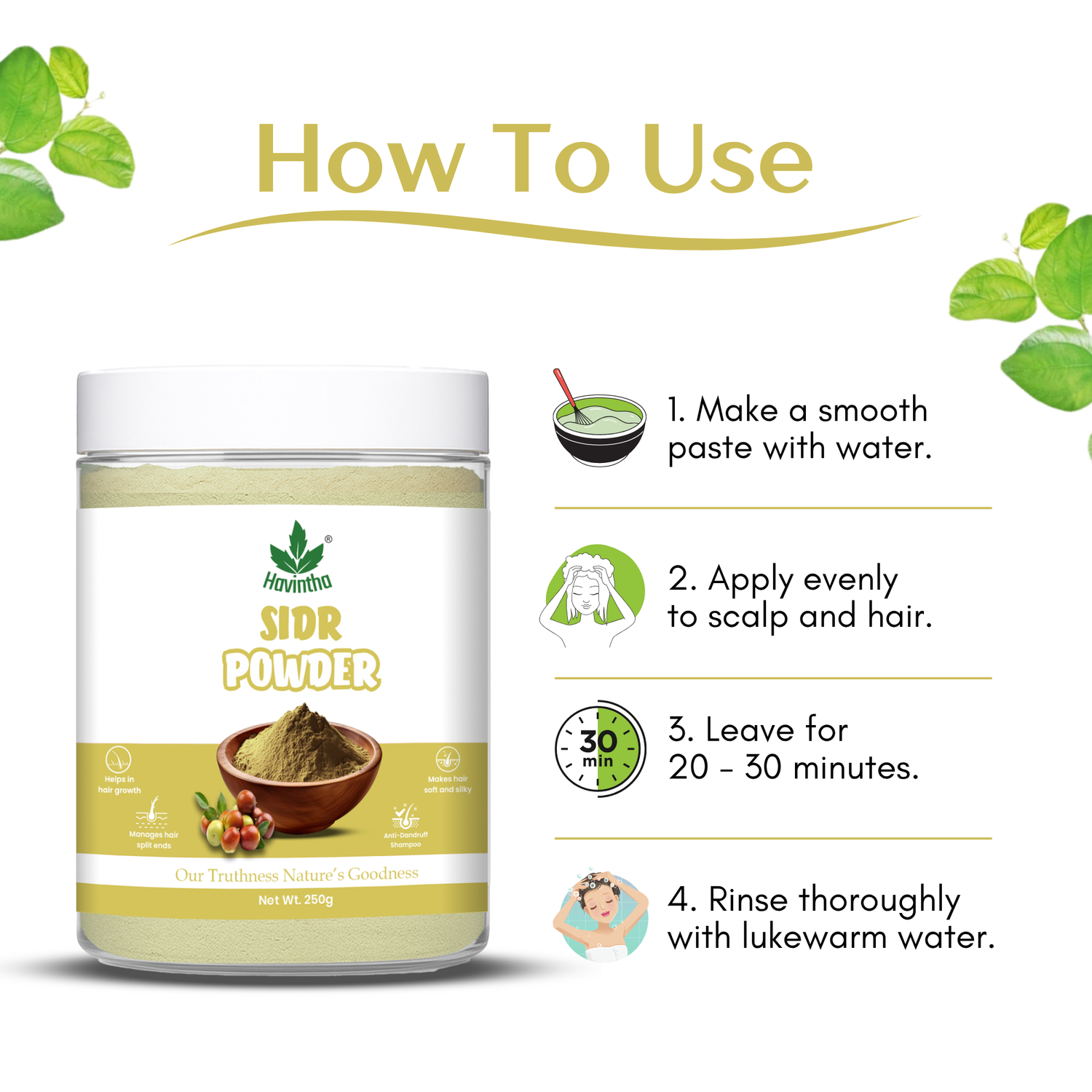 Havintha Herbal Sidr Leaves Powder 250gm | Natural Hair Cleanser & Conditioner | Dry & Damaged Hair Conditioning Hair Mask for Women and Men - 250g