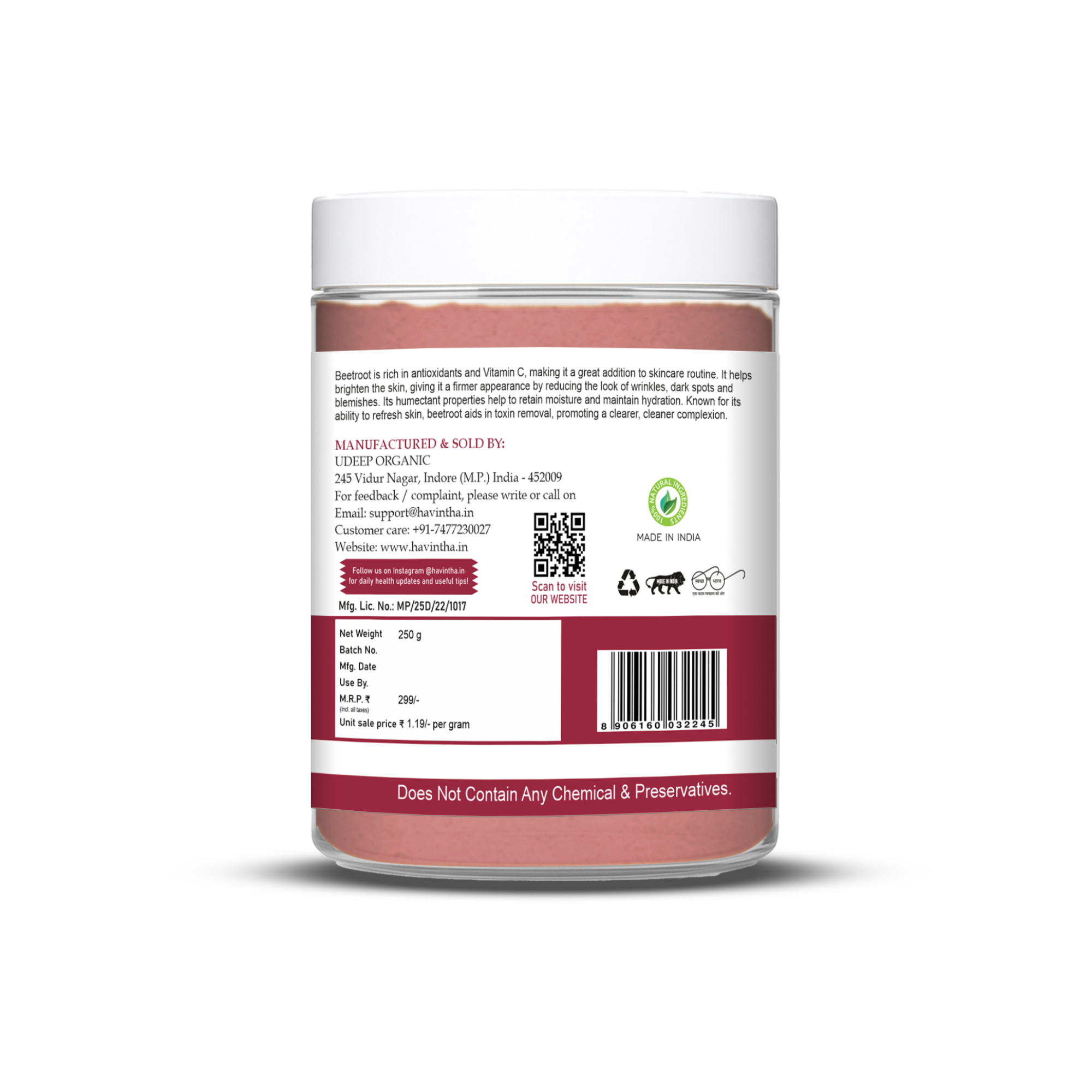 Havintha Beet Root Powder for Face | For Glowing Skin | Natural Skin Care | 250 Grams (JAR)