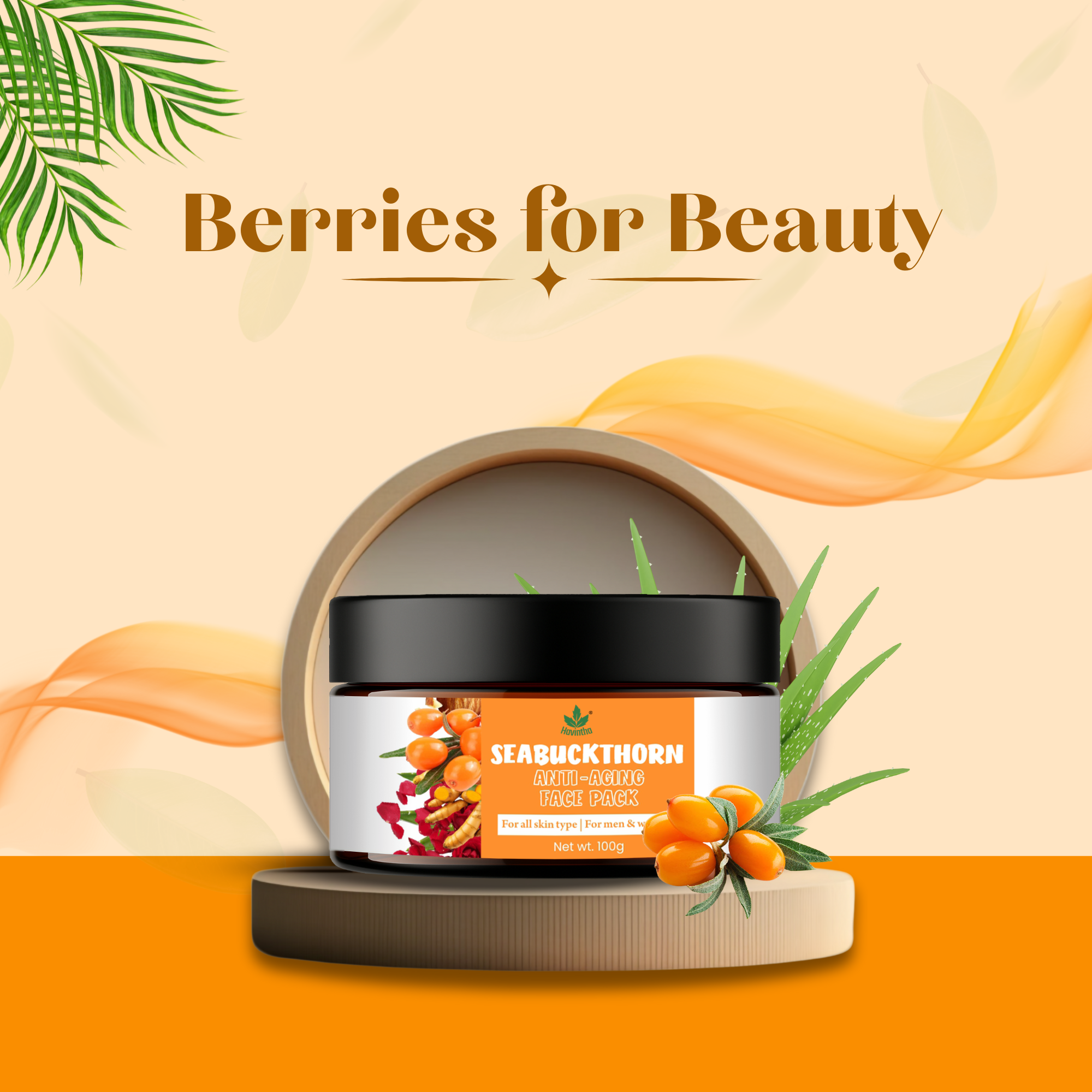 Havintha Seabuckthorn Anti-Aging Face Pack – Herbal Blend for Youthful, Glowing Skin - 100 gm for Men & Women