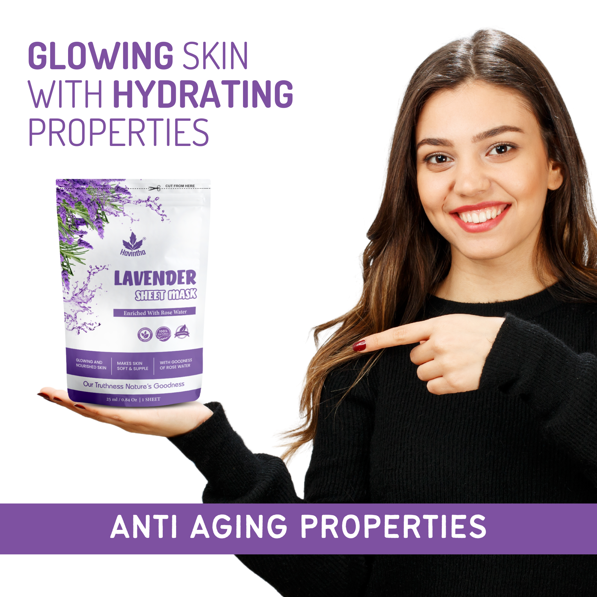 Havintha Lavender Face Sheet Mask For Glowing Skin | Facial Sheet Mask For Intense Hydration & Moisturizing Vitamin C Sheet Mask ( Pack of 2 )