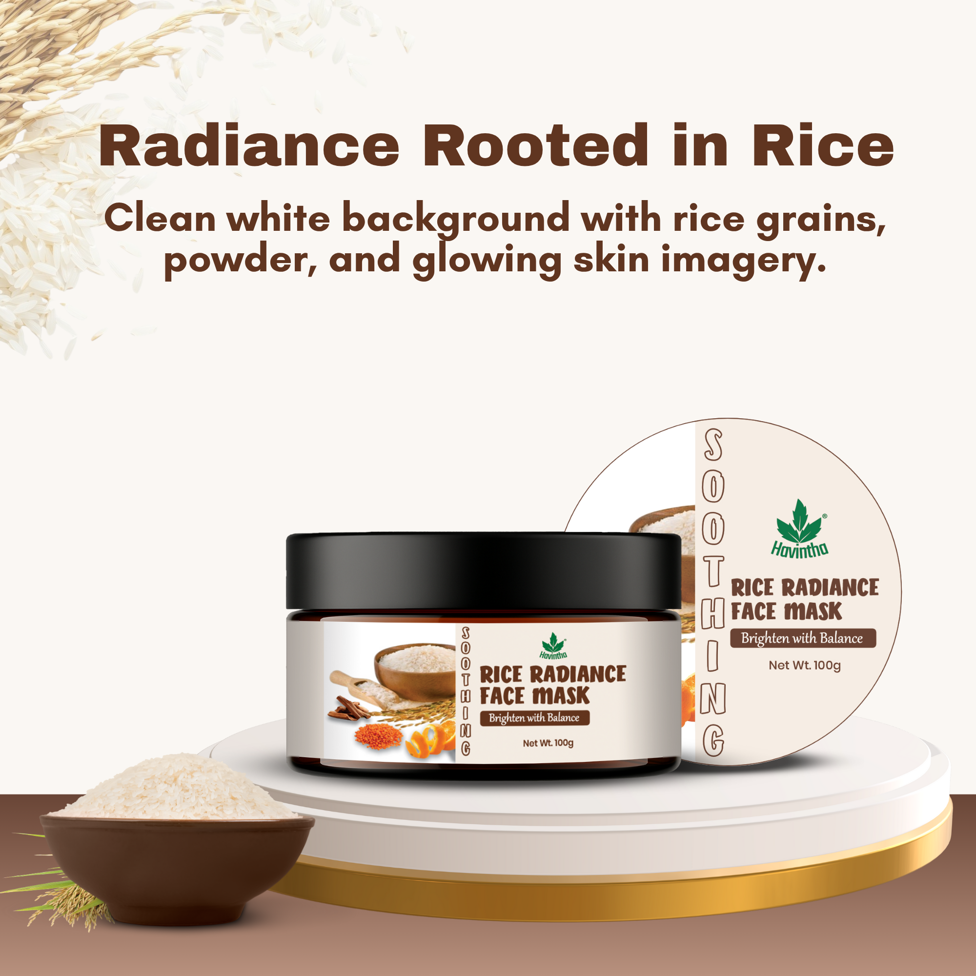 Havintha Natural Rice Radiance Face Mask Powder for Glowing Skin, Tan Removal & Skin Brightening | Herbal Rice Flour Face Pack for Oil Control, Acne Reduce | Ubtan Powder for Face Tone, Smooth - 100g