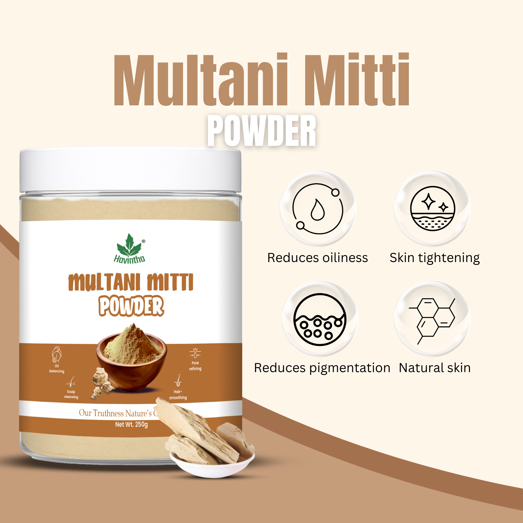 Havintha Natural Multani Mitti Powder | Natural Face Pack & Skin Care | 250 Grams (JAR)