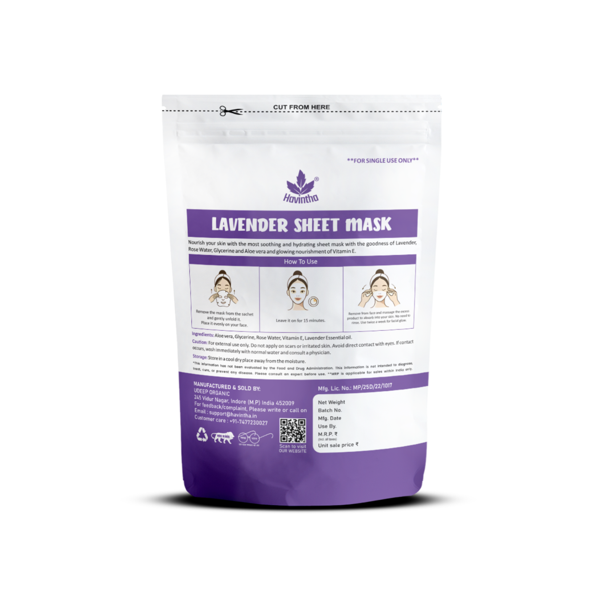 Havintha Lavender Face Sheet Mask For Glowing Skin | Facial Sheet Mask For Intense Hydration & Moisturizing Vitamin C Sheet Mask ( Pack of 2 )