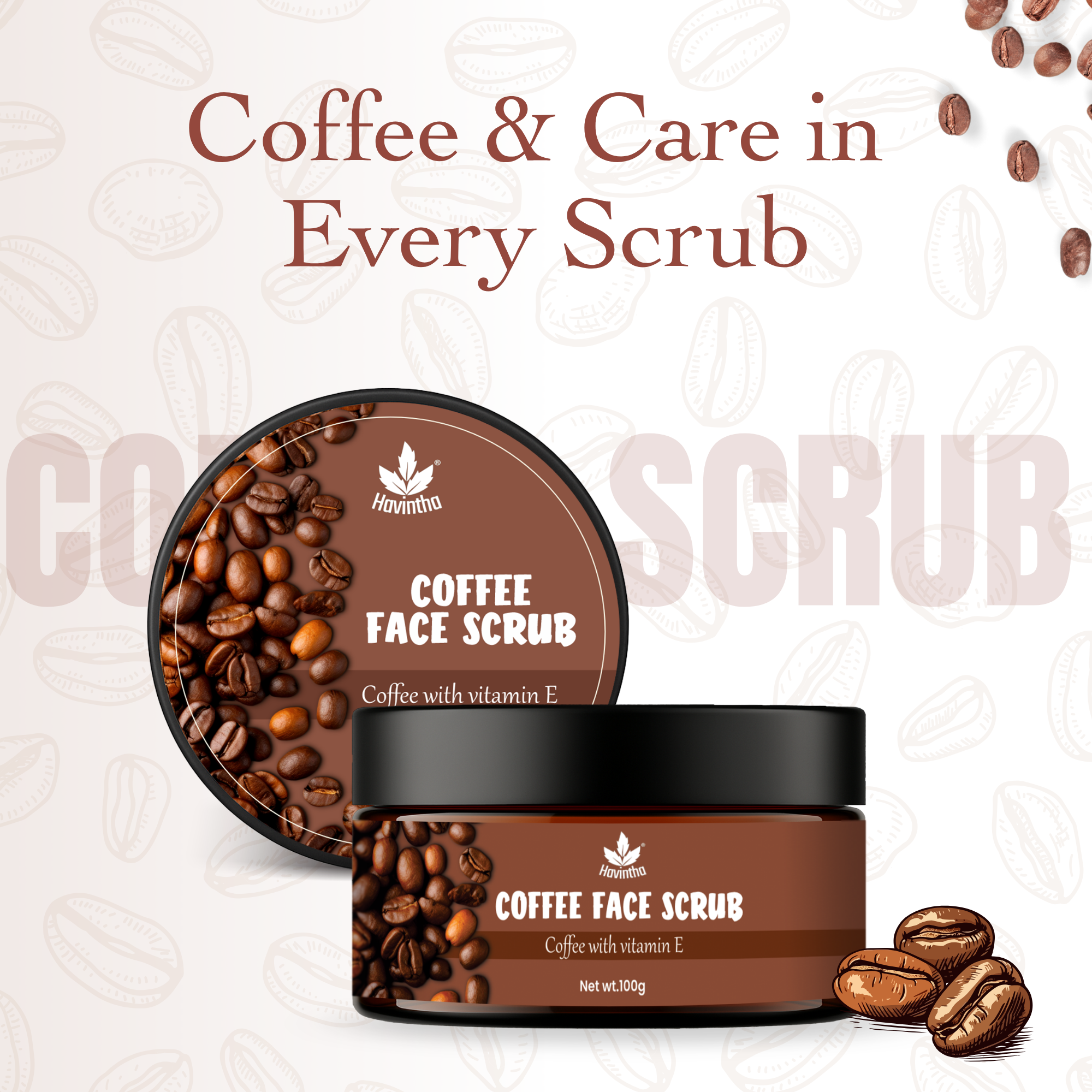 Havintha Coffee Face Scrub | Natural Exfoliator for Glowing Skin | Gentle, Skin-Brightening Formula – 100gm