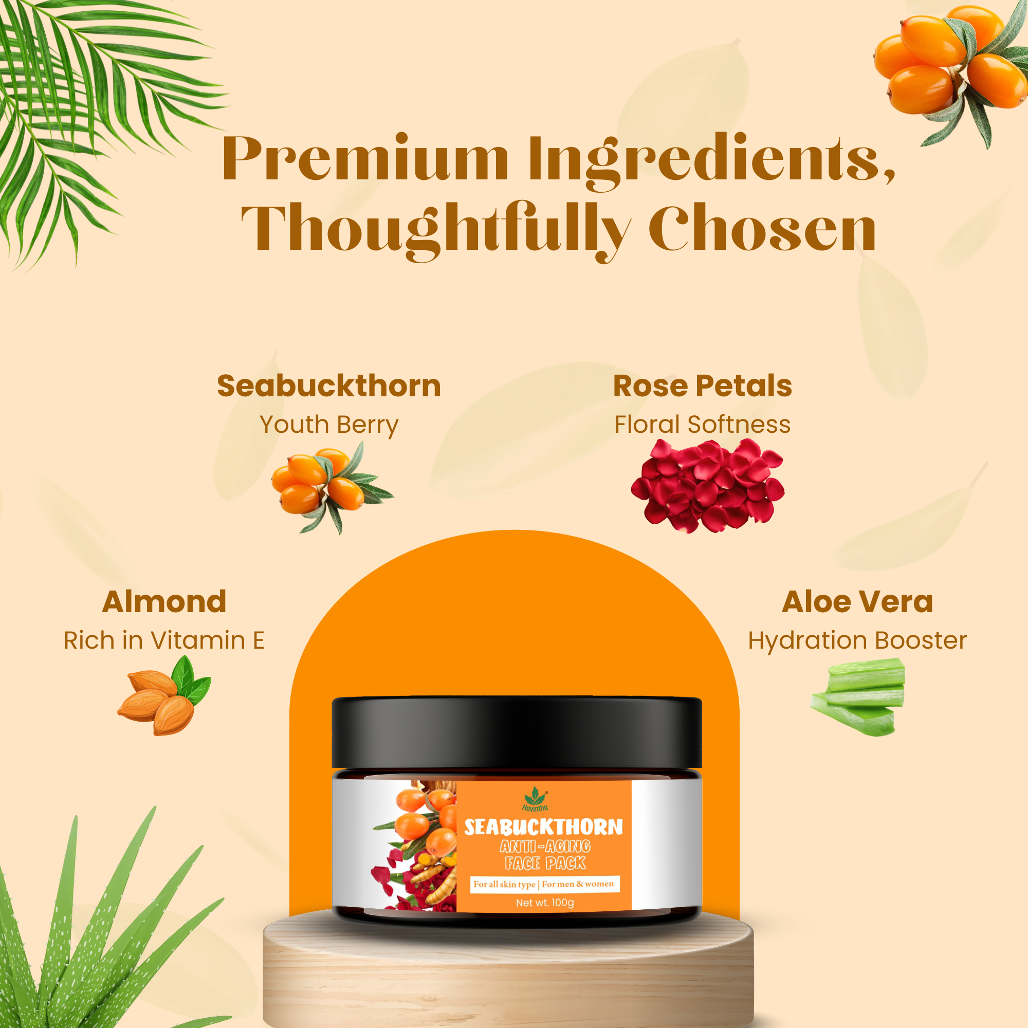 Havintha Seabuckthorn Anti-Aging Face Pack – Herbal Blend for Youthful, Glowing Skin - 100 gm for Men & Women