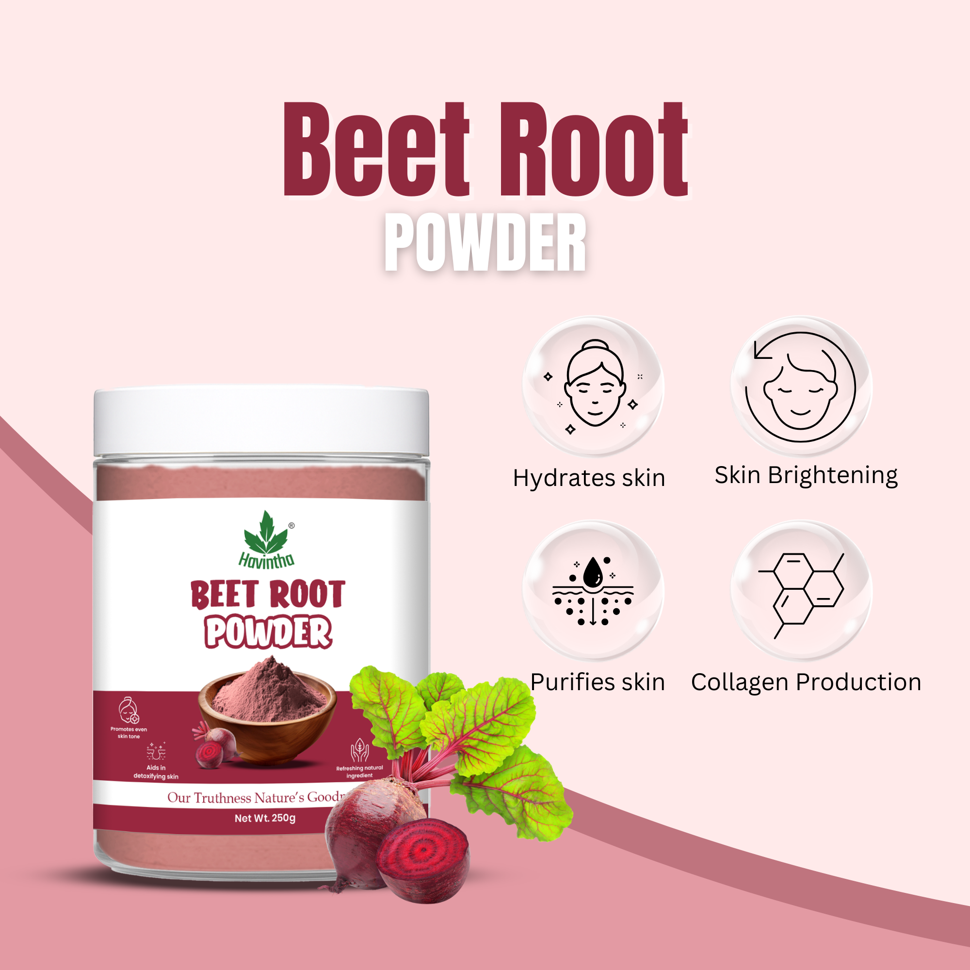 Havintha Beet Root Powder for Face | For Glowing Skin | Natural Skin Care | 250 Grams (JAR)