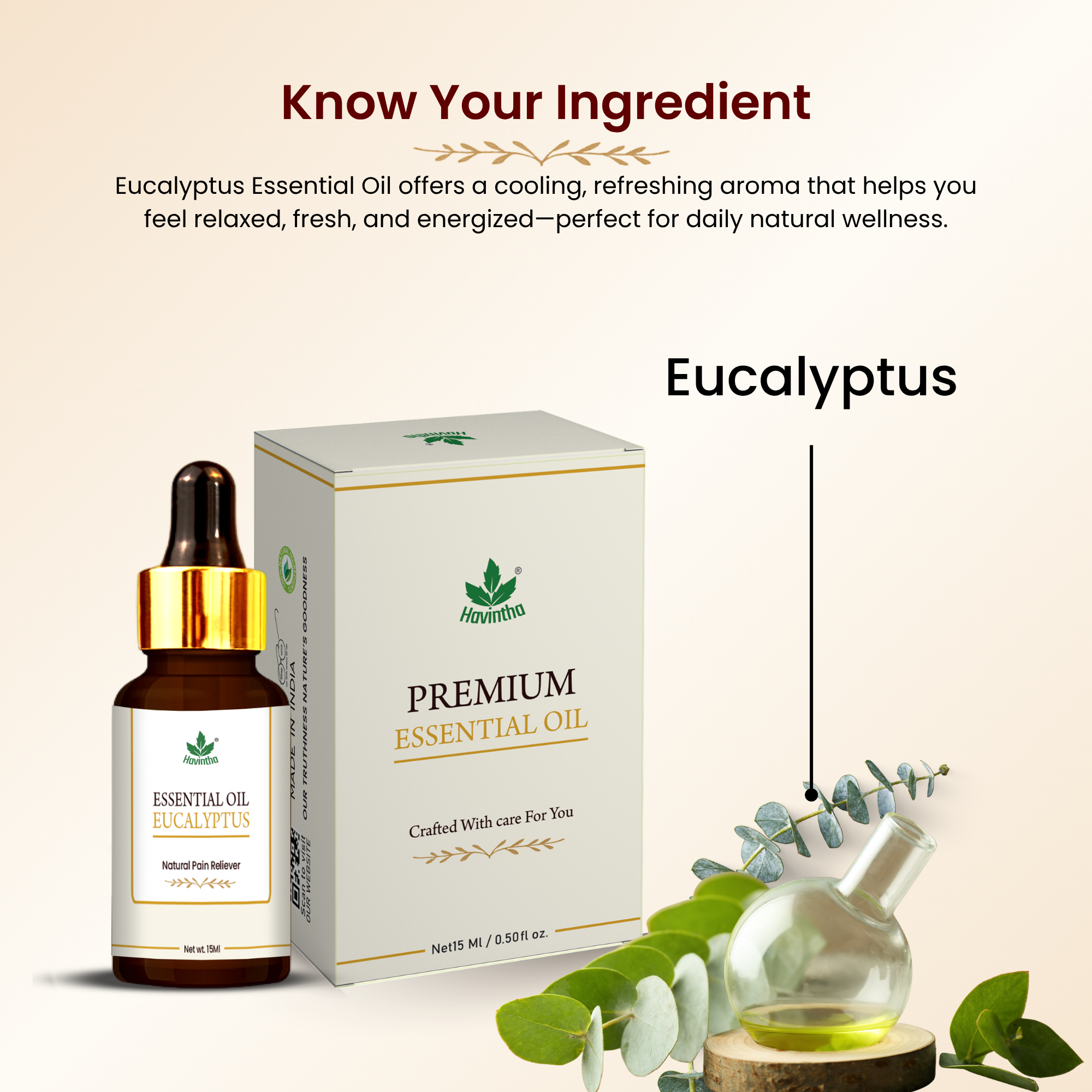 Havintha Pure and Organic Eucalyptus Essential Oil for Skin, Hair and Aromatherapy - 15 ml.