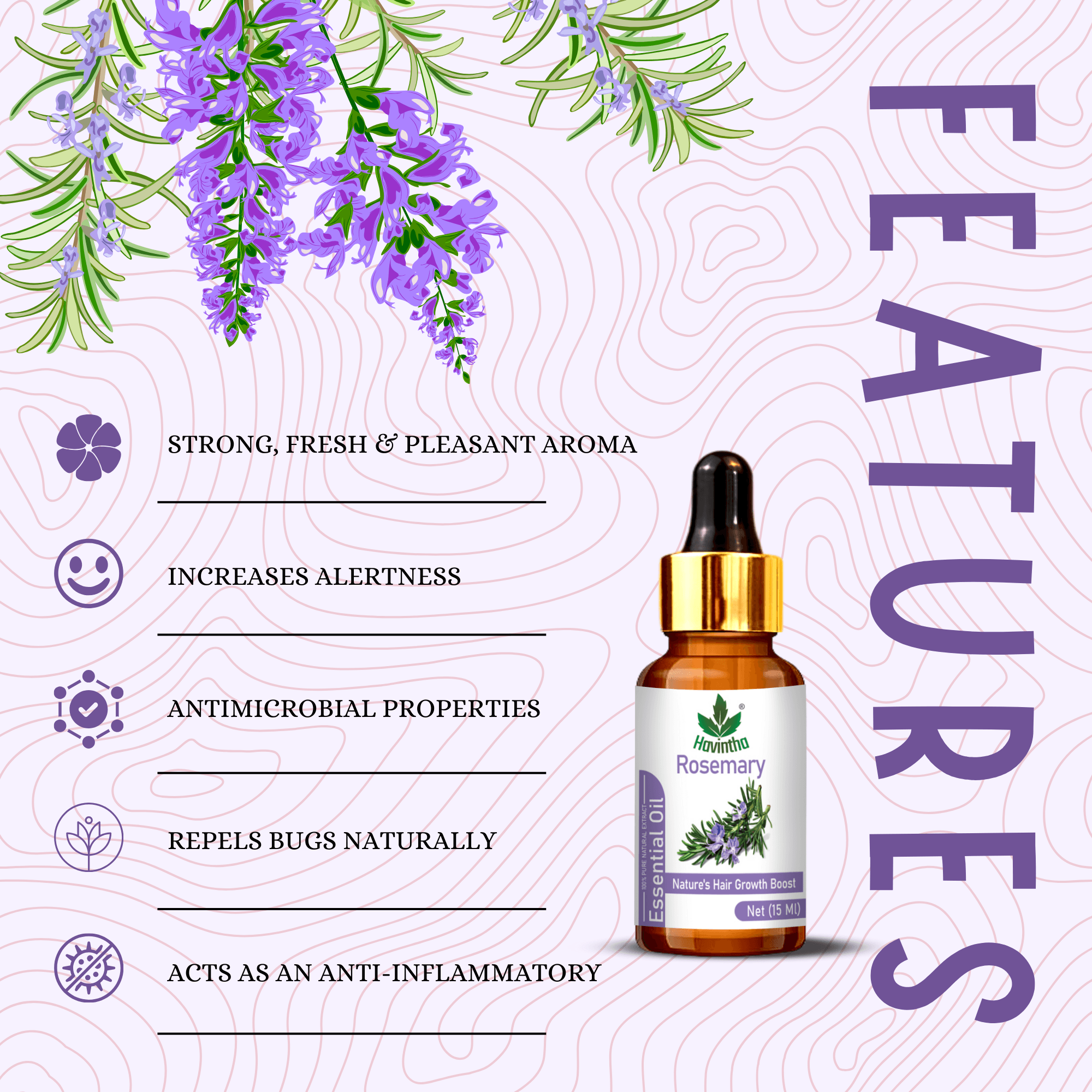 Havintha Natural Rosemary Essential Oil for Hair and Skin care | 100 % pure Aroma - 15 ml. (15 ml)