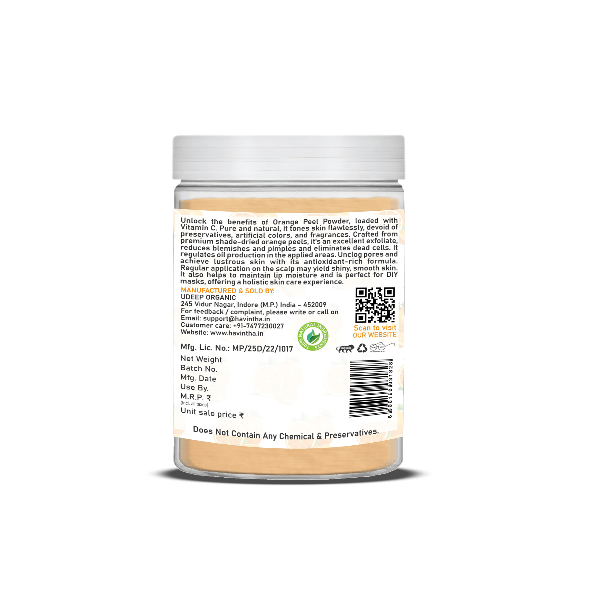 Havintha Natural Orange Peel Powder |For Bright Skin | All Skin type | 250 Grams (JAR)