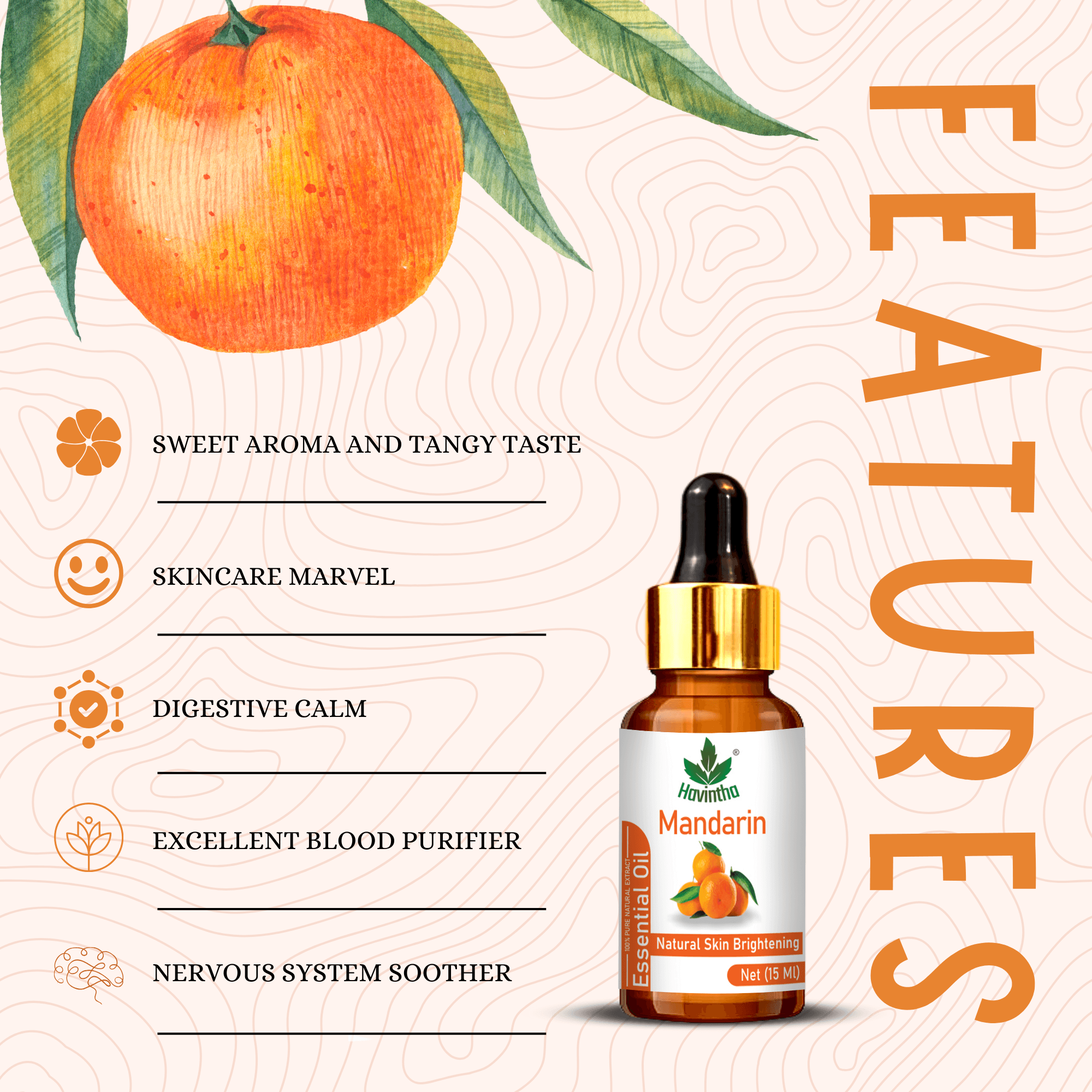 Havintha Pure and Organic Mandarin Essential Oil for Hair Care , Acne & Wrinkles and Aromatherapy-15 ml.
