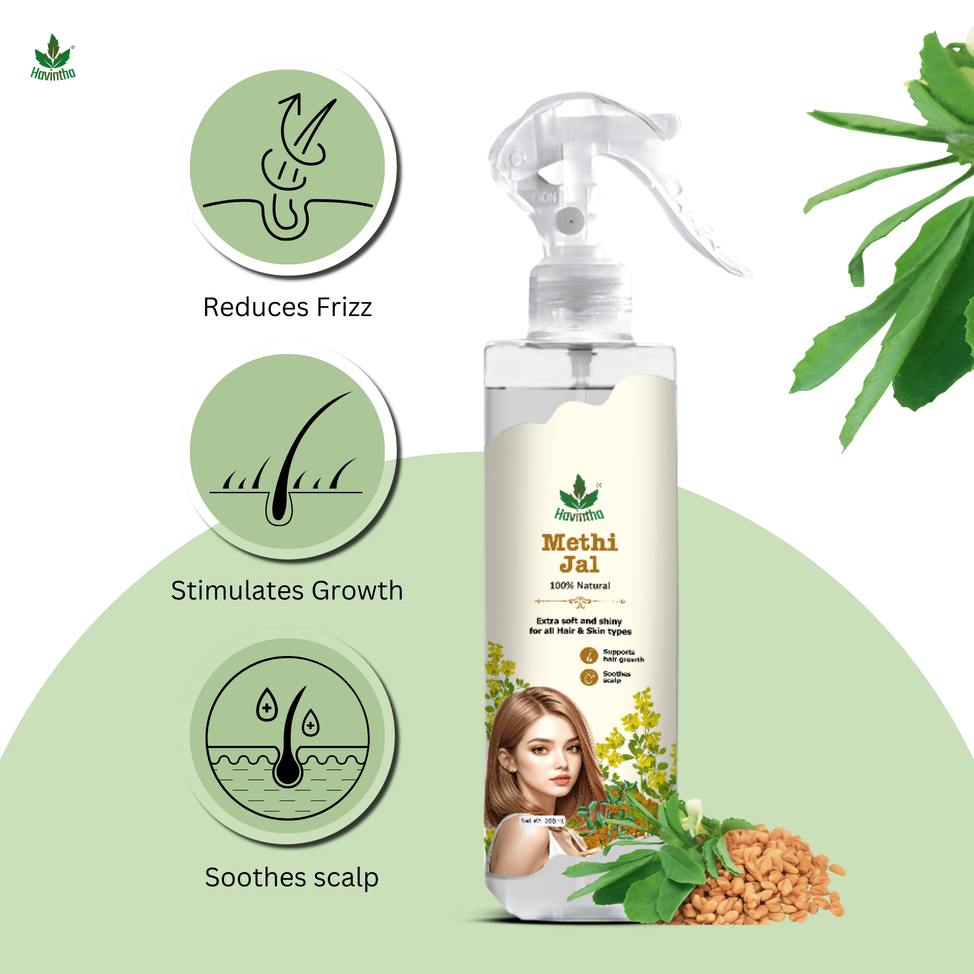 Havintha Natural Methi Jal Spray for Shiny Hair, Reduce Dandruff (200 ml) | Natural hair growth remedies | Secret to Stronger, Healthier Hair | For Men & Women, All Hair Types