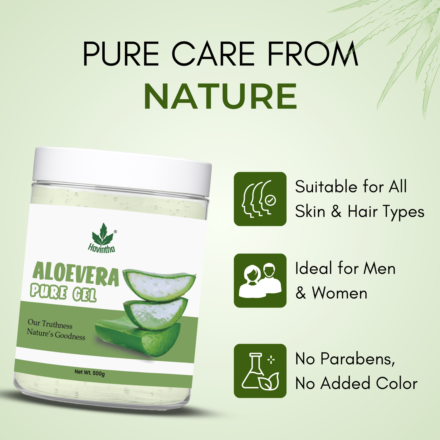 Havintha Natural Aloe Vera Gel (500gm) for Skin Moisturizing, Hair Conditioning & Sunburn | Gel for Face, Hair, Acne, Pimples, Dry Skin & Scalp Care | Soothing & Hydrating Aloe Gel for Glowing Skin