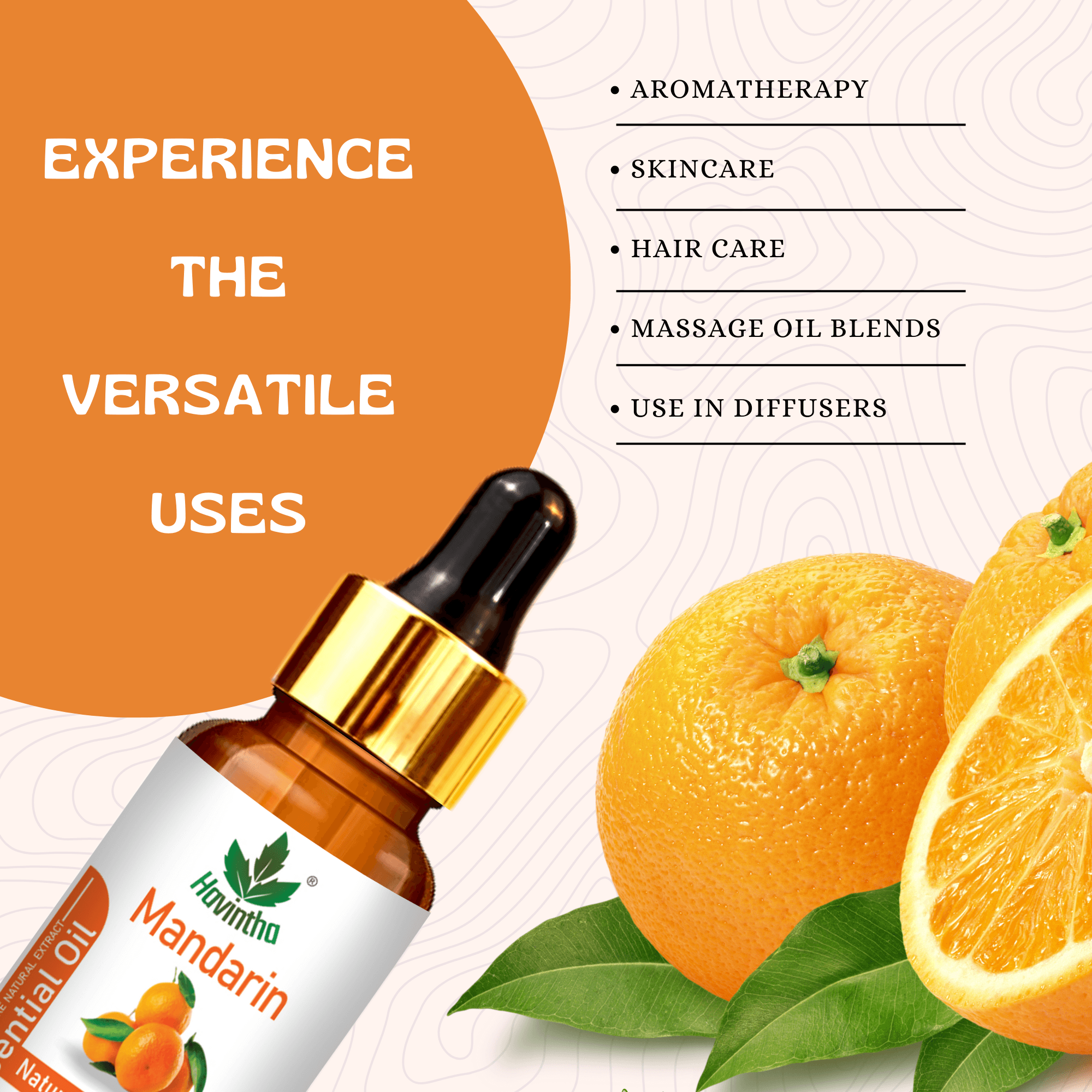 Havintha Pure and Organic Mandarin Essential Oil for Hair Care , Acne & Wrinkles and Aromatherapy-15 ml.