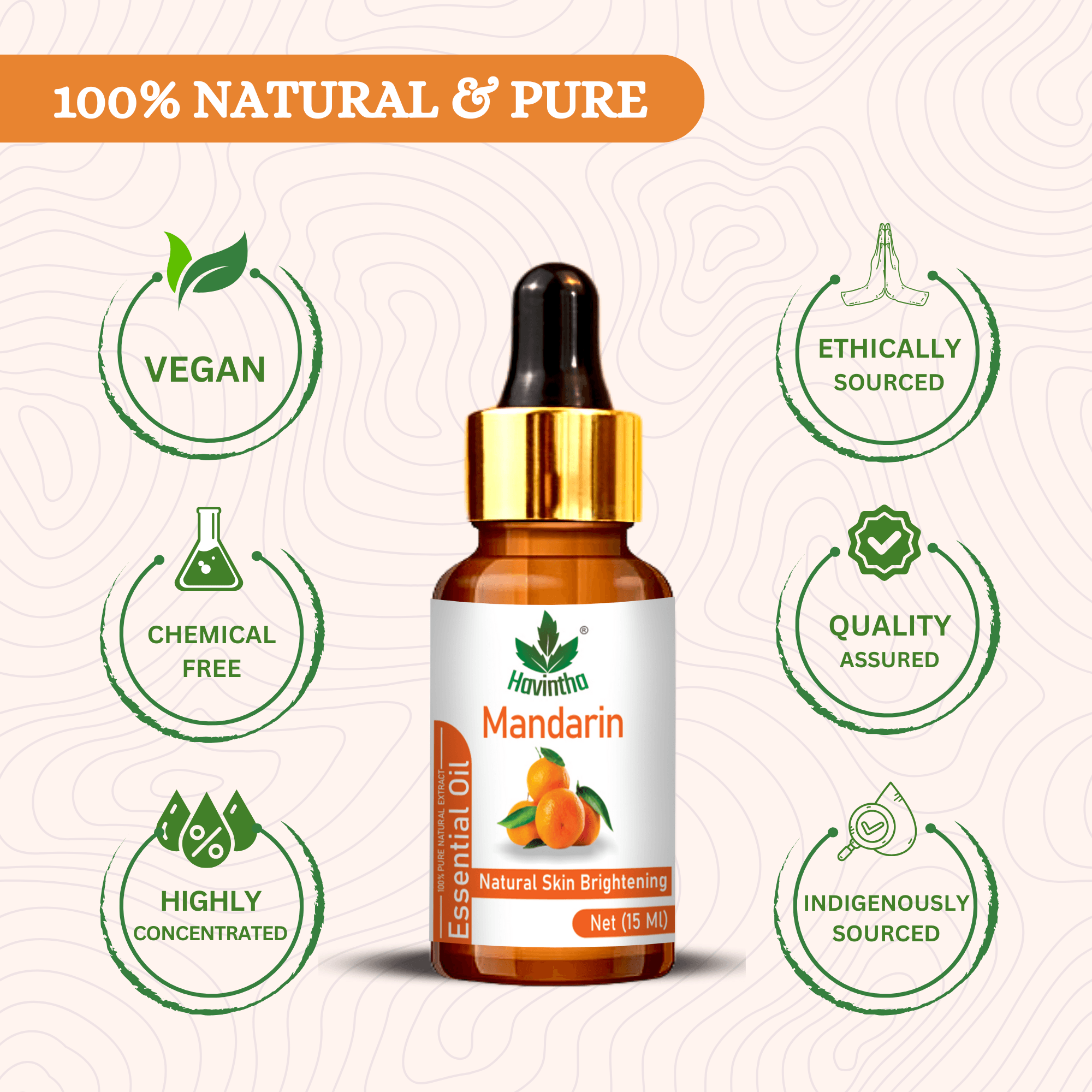 Havintha Pure and Organic Mandarin Essential Oil for Hair Care , Acne & Wrinkles and Aromatherapy-15 ml.