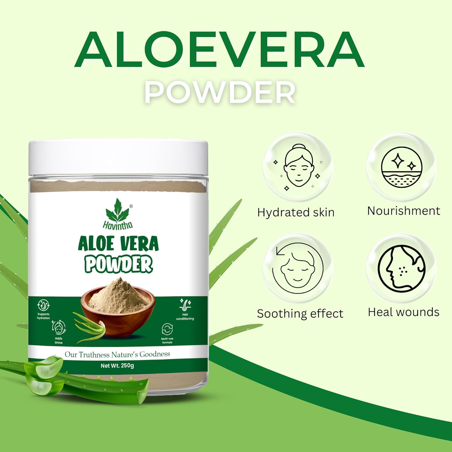 Havintha Natural Aloevera Powder for clean skin | For Glowing Skin | Natural Face Care | 250 Grams (JAR)