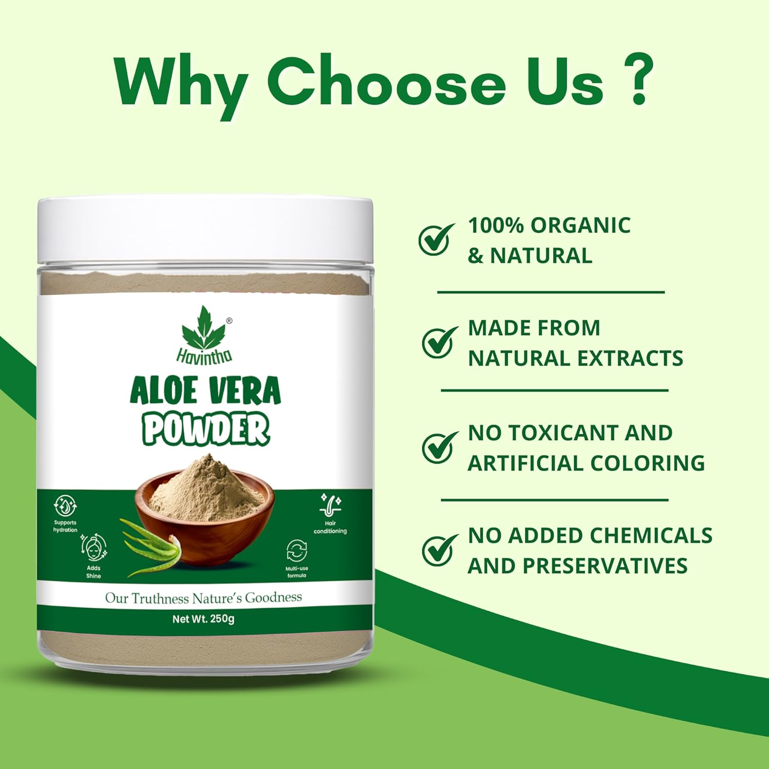 Havintha Natural Aloevera Powder for clean skin | For Glowing Skin | Natural Face Care | 250 Grams (JAR)