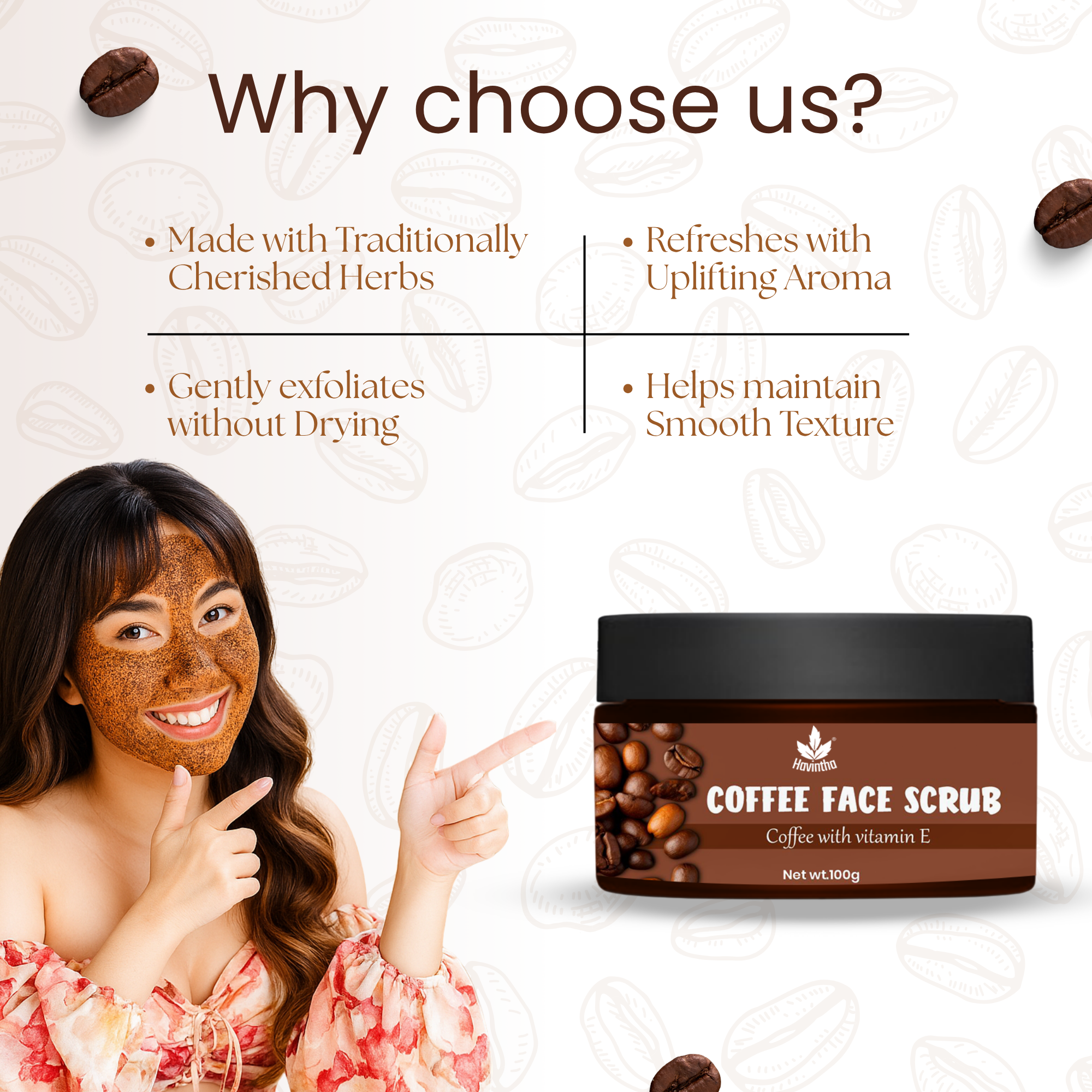 Havintha Coffee Face Scrub | Natural Exfoliator for Glowing Skin | Gentle, Skin-Brightening Formula – 100gm