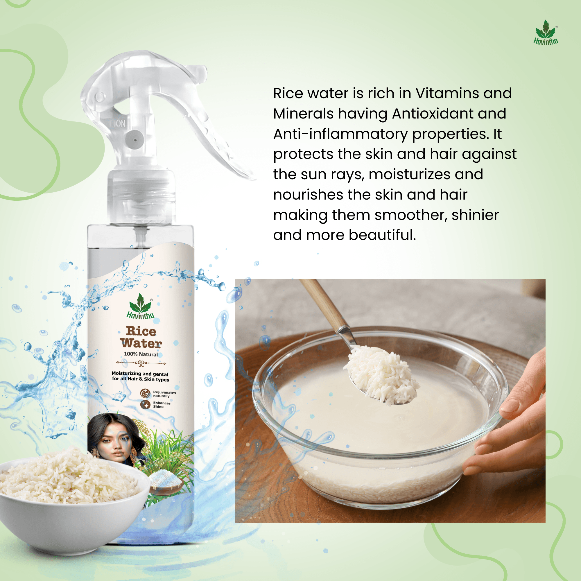 Havintha Natural Rice Water for Hair Growth | Shiny Hair & Glowing Skin Spray | For Man & Women |200ML