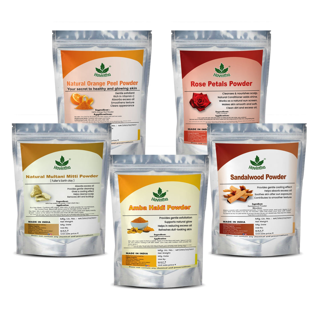 Havintha Natural Face Pack Combo 250g | Multani Mitti, Sandalwood, Orange Peel, Rose Petal & Amba Haldi | Glowing Skin Care