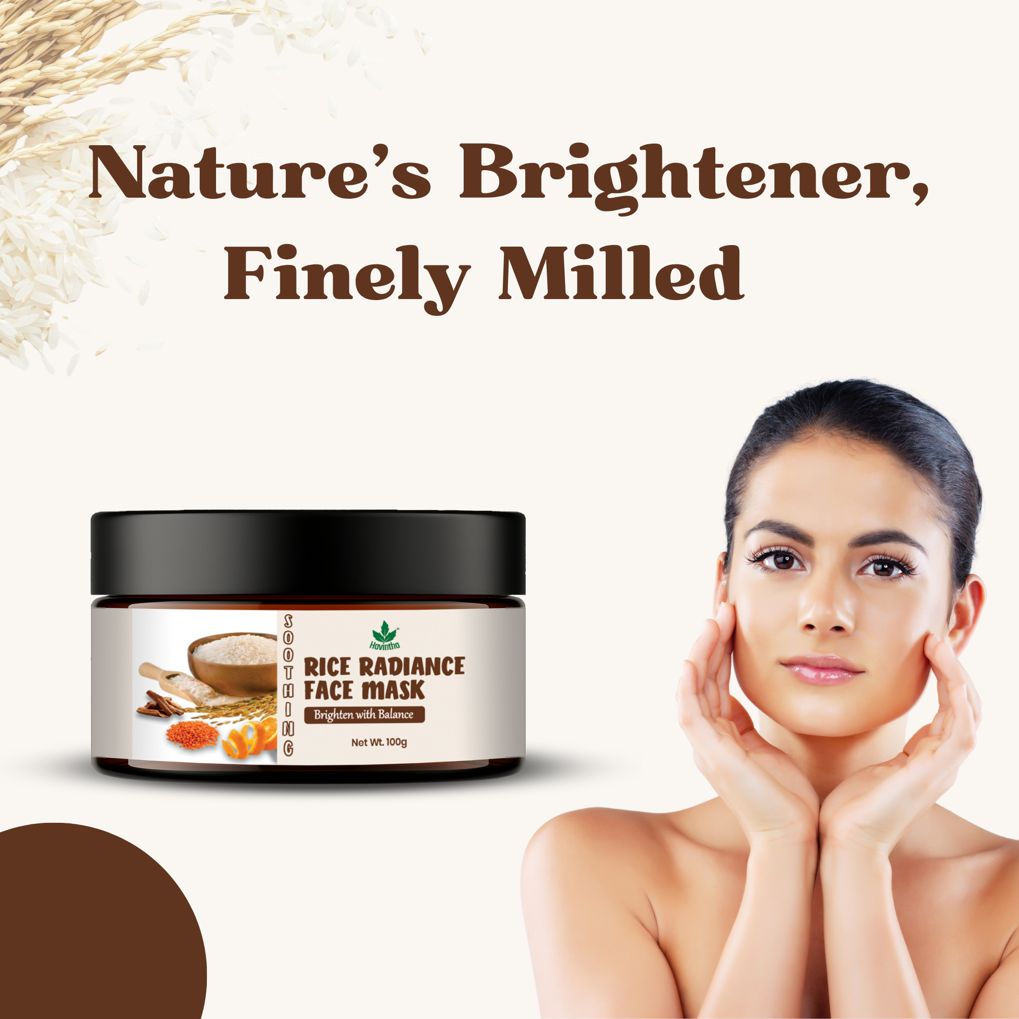 Havintha Natural Rice Radiance Face Mask Powder for Glowing Skin, Tan Removal & Skin Brightening | Herbal Rice Flour Face Pack for Oil Control, Acne Reduce | Ubtan Powder for Face Tone, Smooth - 100g