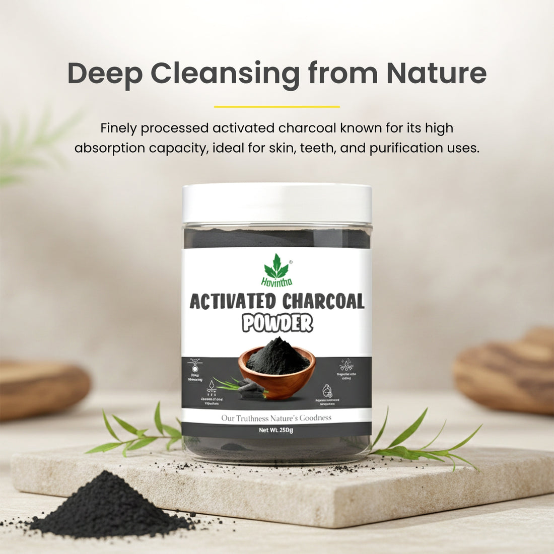 Havintha Activated Charcoal Powder | 100% Natural for Face & Body | 250 Grams (JAR)