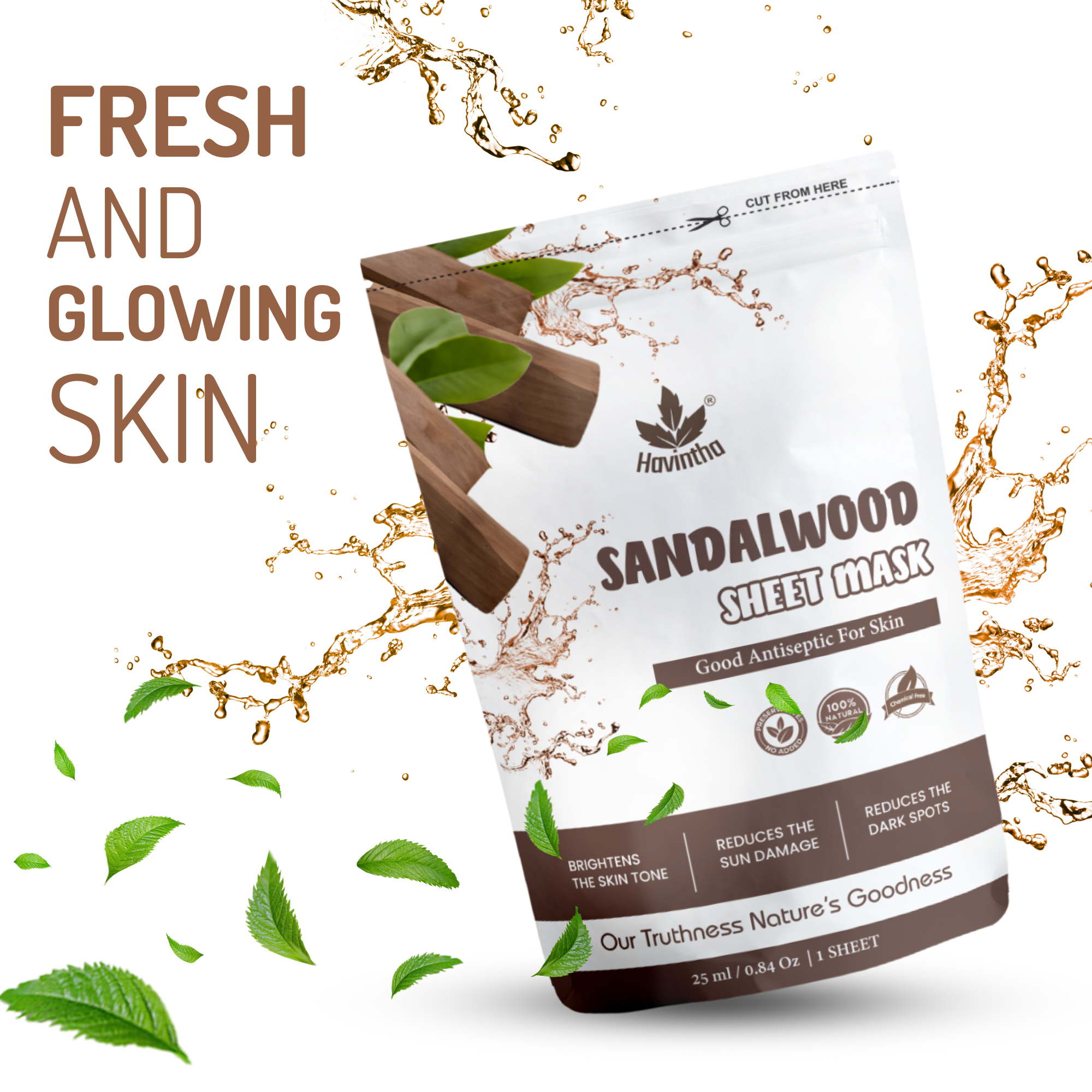 Havintha Sandalwood Face Sheet Mask For Glowing Skin | Facial Sheet Mask For Intense Hydration & Moisturizing (Pack Of 2)