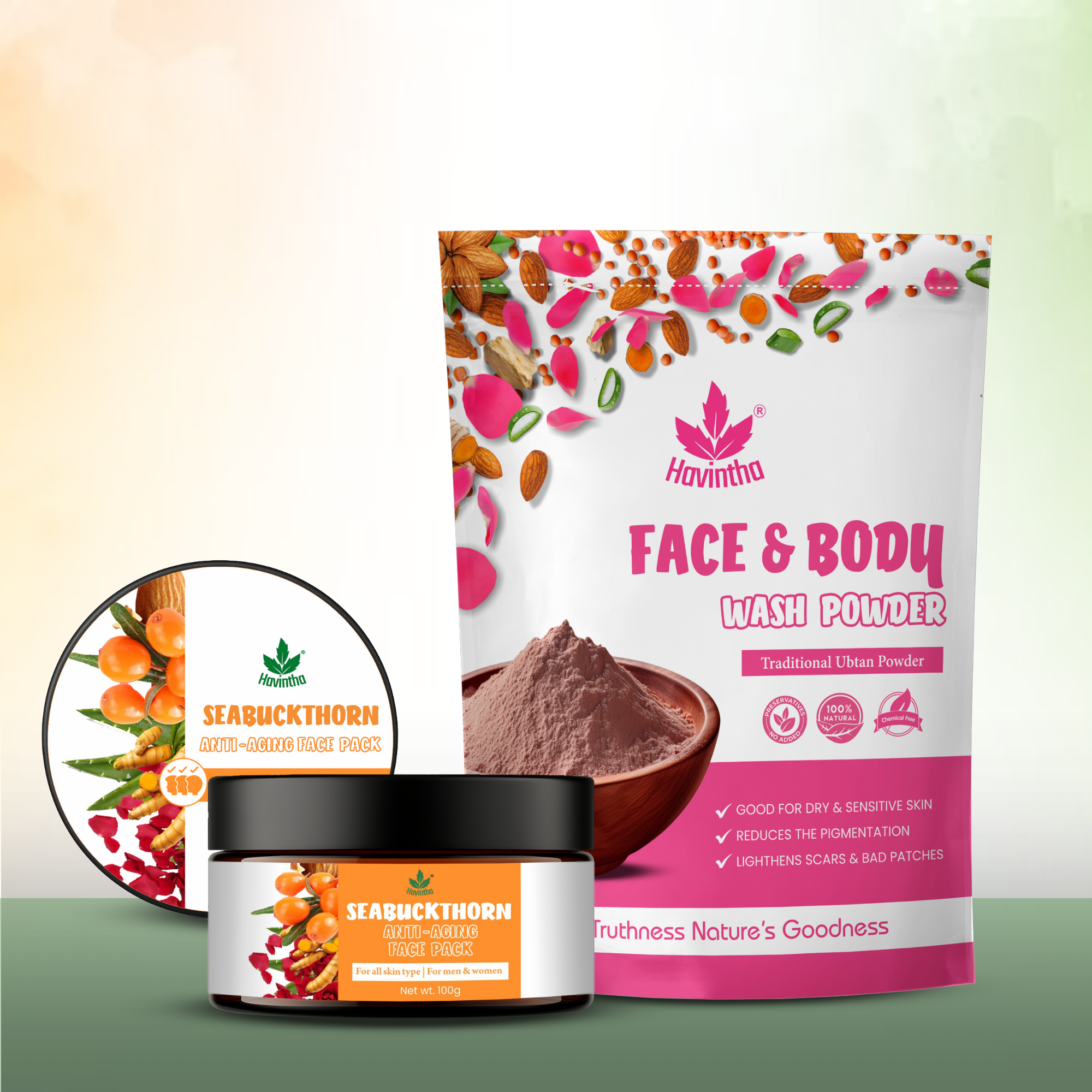Havintha Natural Ubtan Face and Body Wash (227g) & Seabuckthorn Anti-Aging Face Pack (100g)