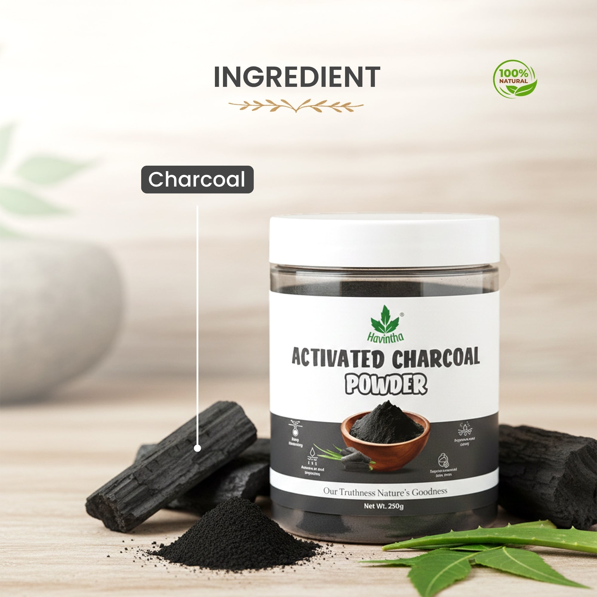 Havintha Activated Charcoal Powder | 100% Natural for Face & Body | 250 Grams (JAR)