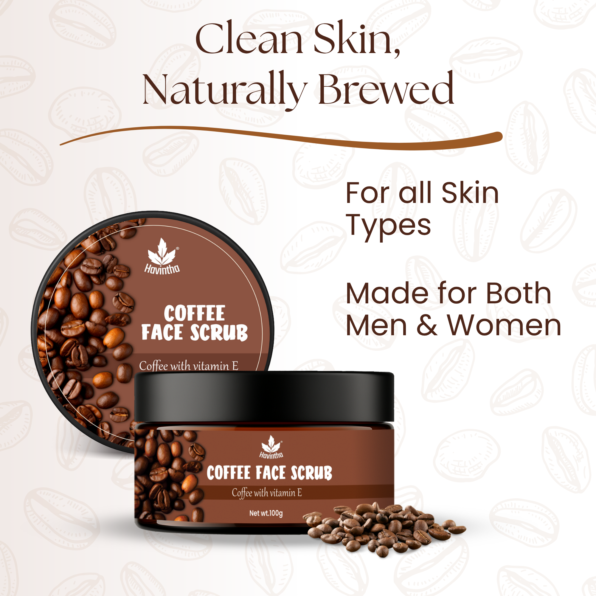 Havintha Coffee Face Scrub | Natural Exfoliator for Glowing Skin | Gentle, Skin-Brightening Formula – 100gm