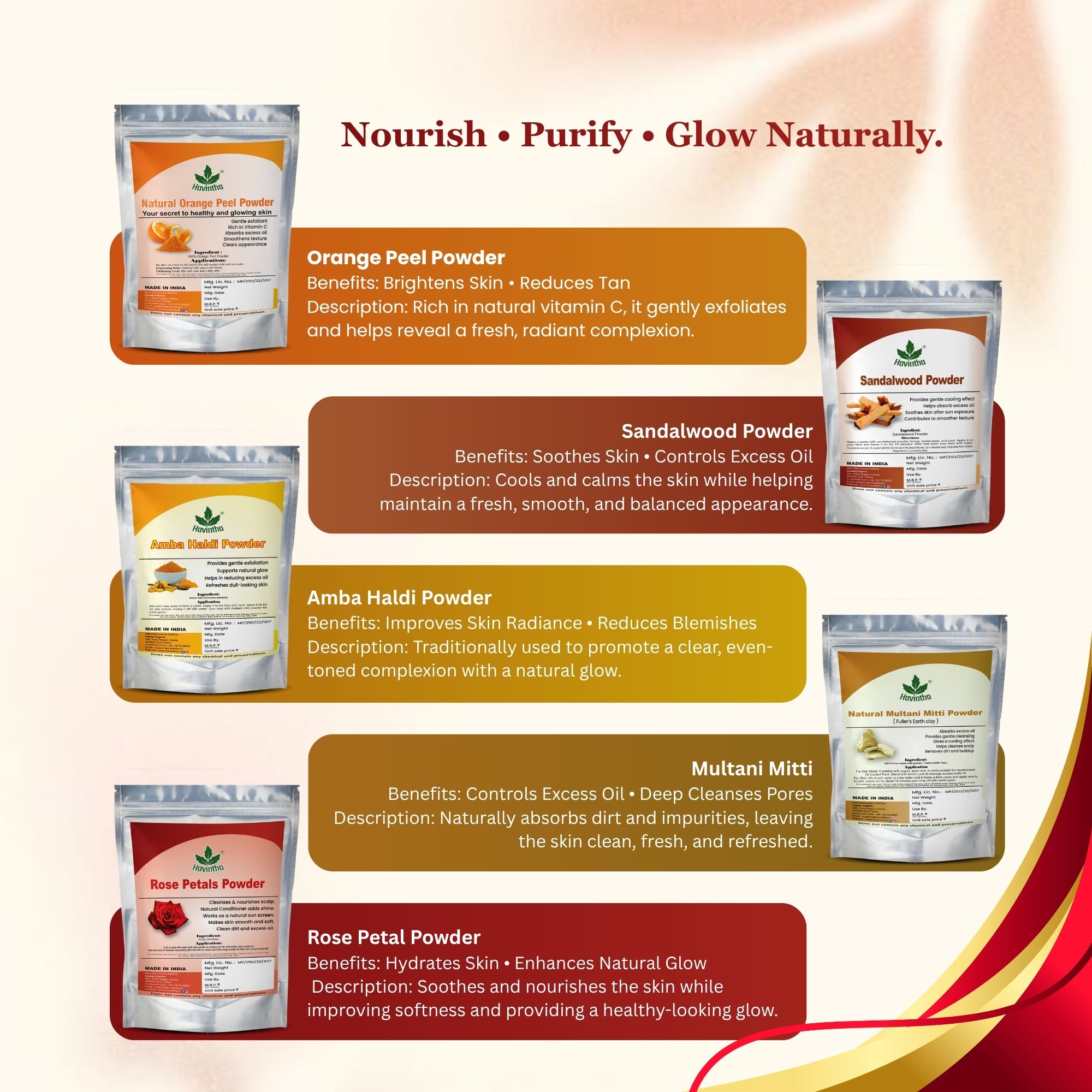 Havintha Natural Face Pack Combo 250g | Multani Mitti, Sandalwood, Orange Peel, Rose Petal & Amba Haldi | Glowing Skin Care
