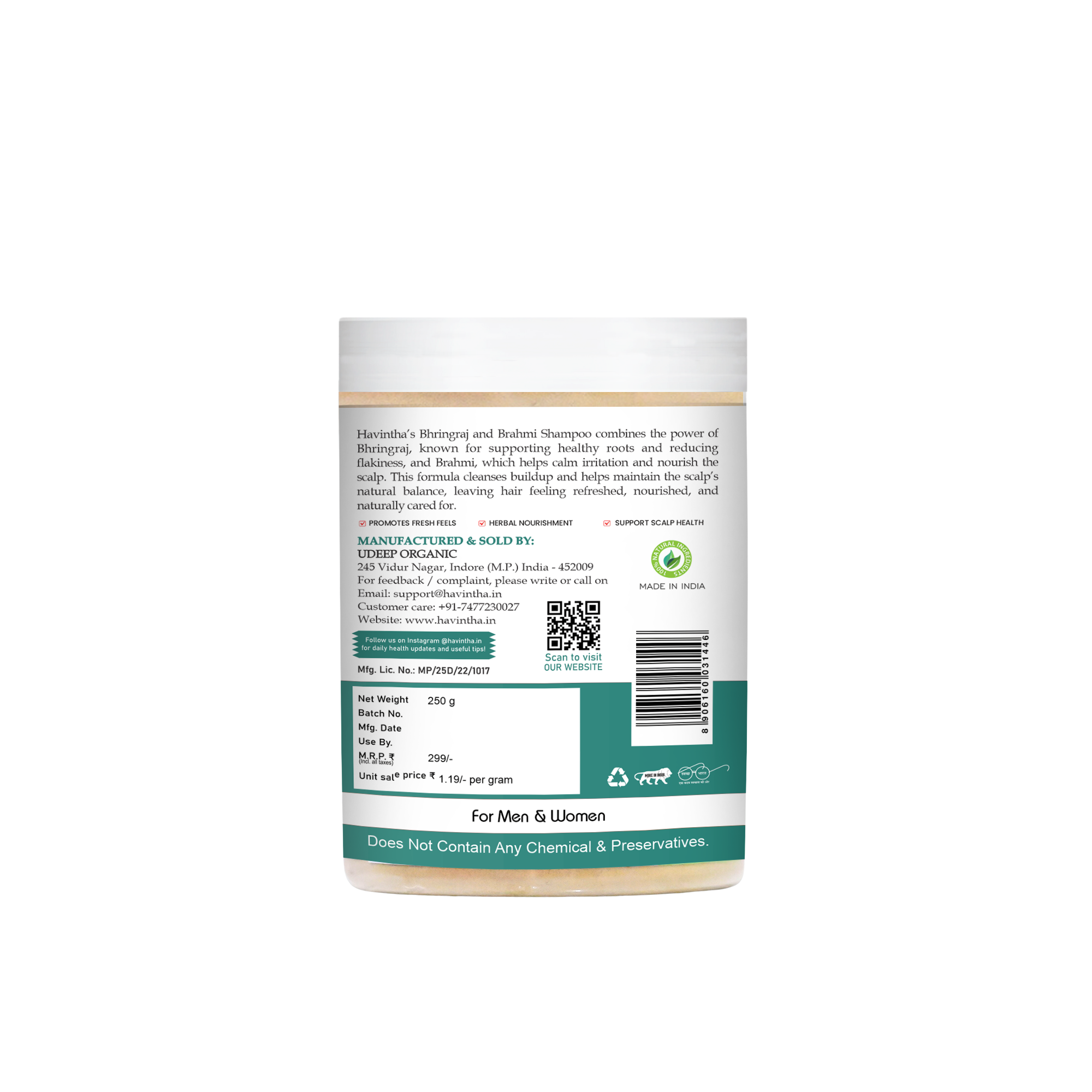 Natural Bhringraj & Brahmi Powder Shampoo | Anti-Dandruff Shampoo | All Hair Types | Men & Women (250g)