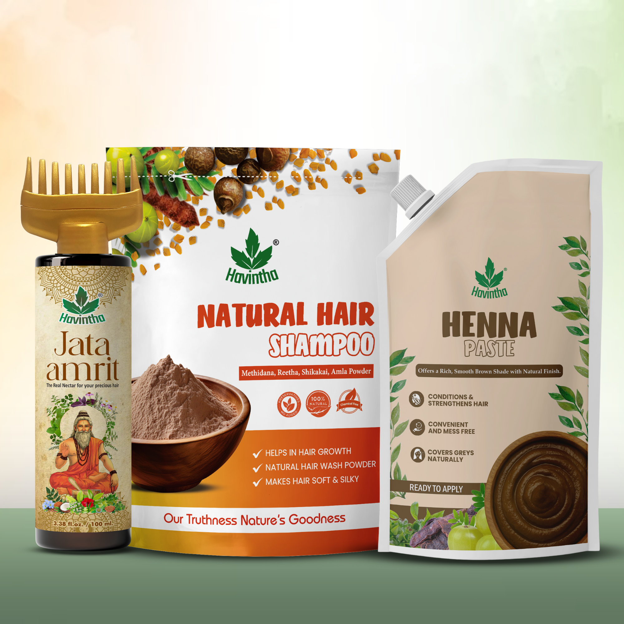 Natural Hair Shampoo (227g) | Jata Amrit Hair Oil (100ml) & Havintha Natural Henna Paste (200g)