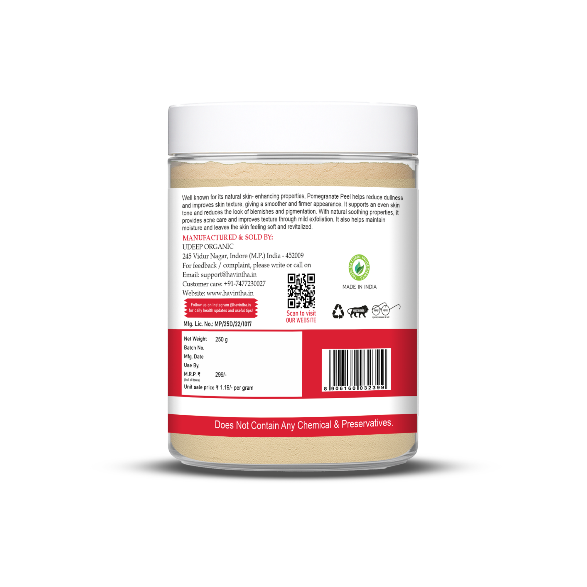 Havintha Natural Anar Peel Powder | For Glowing Skin | Herbal Skin Care | 250 Grams (JAR)