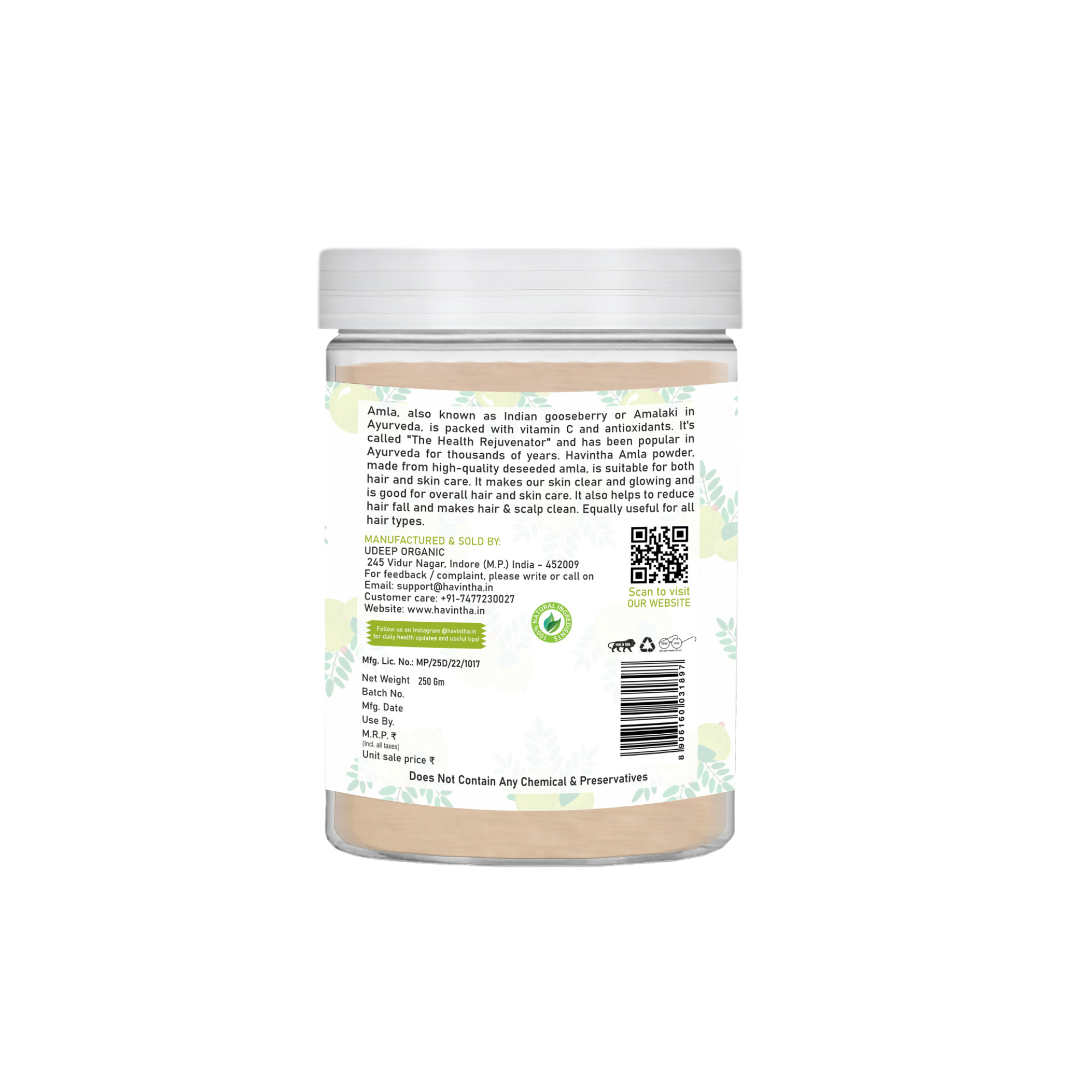 Havintha Natural Amla Powder | 250 Grams (JAR)