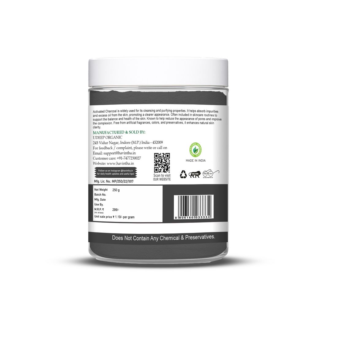 Havintha 100% Natural Activated Charcoal Powder for Skin, Face Pack, Removes Dead Skin and Natural Detoxifier for Your Body, 250g