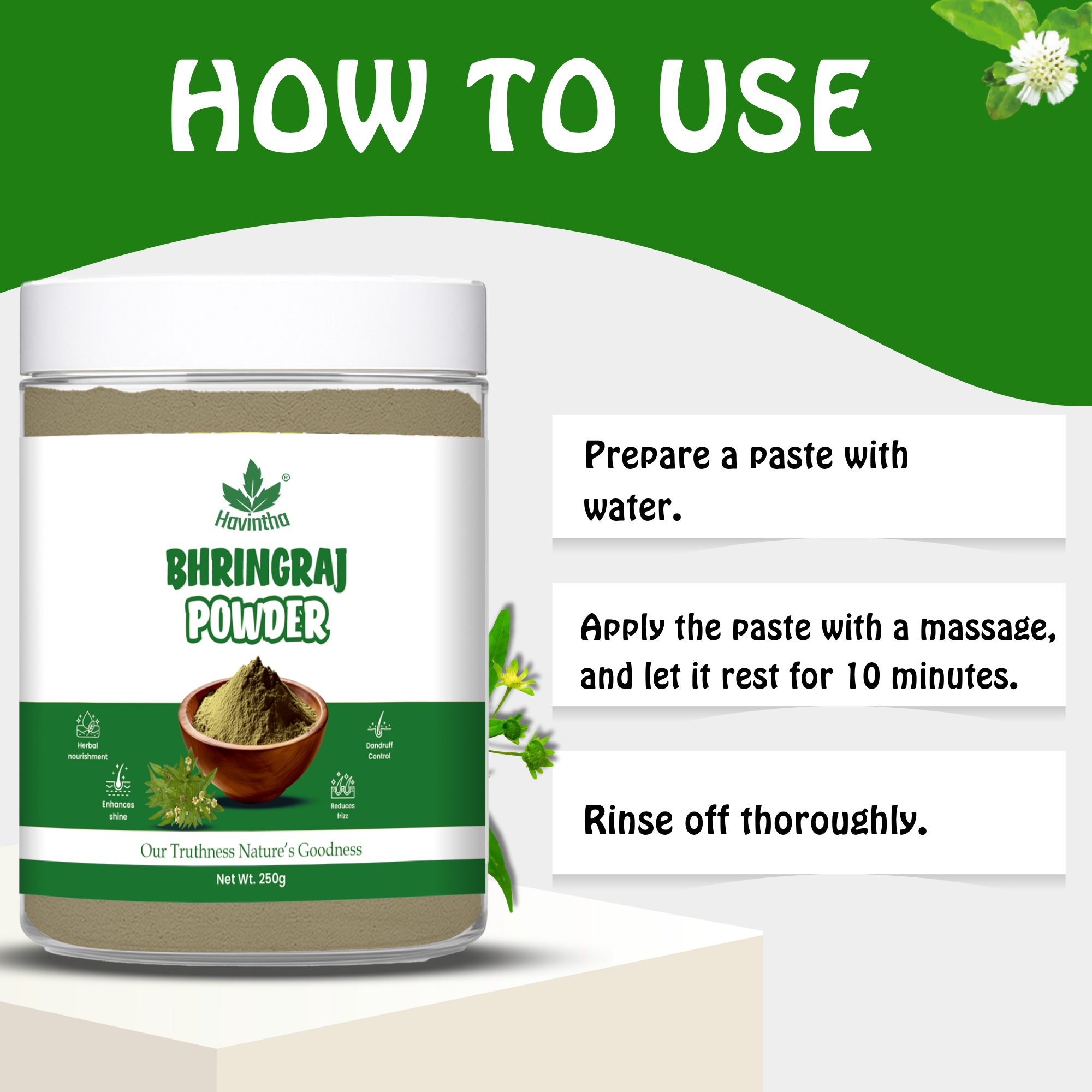 Havintha Natural Bhringraj Powder | For Strong & Silky Hair | 250 Grams (JAR)