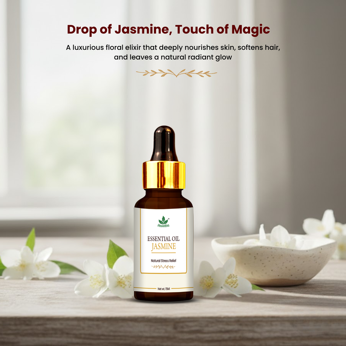 Havintha Pure and Organic Jasmine Essential Oil for Skin, Hair and Aromatherapy - 15 ml.
