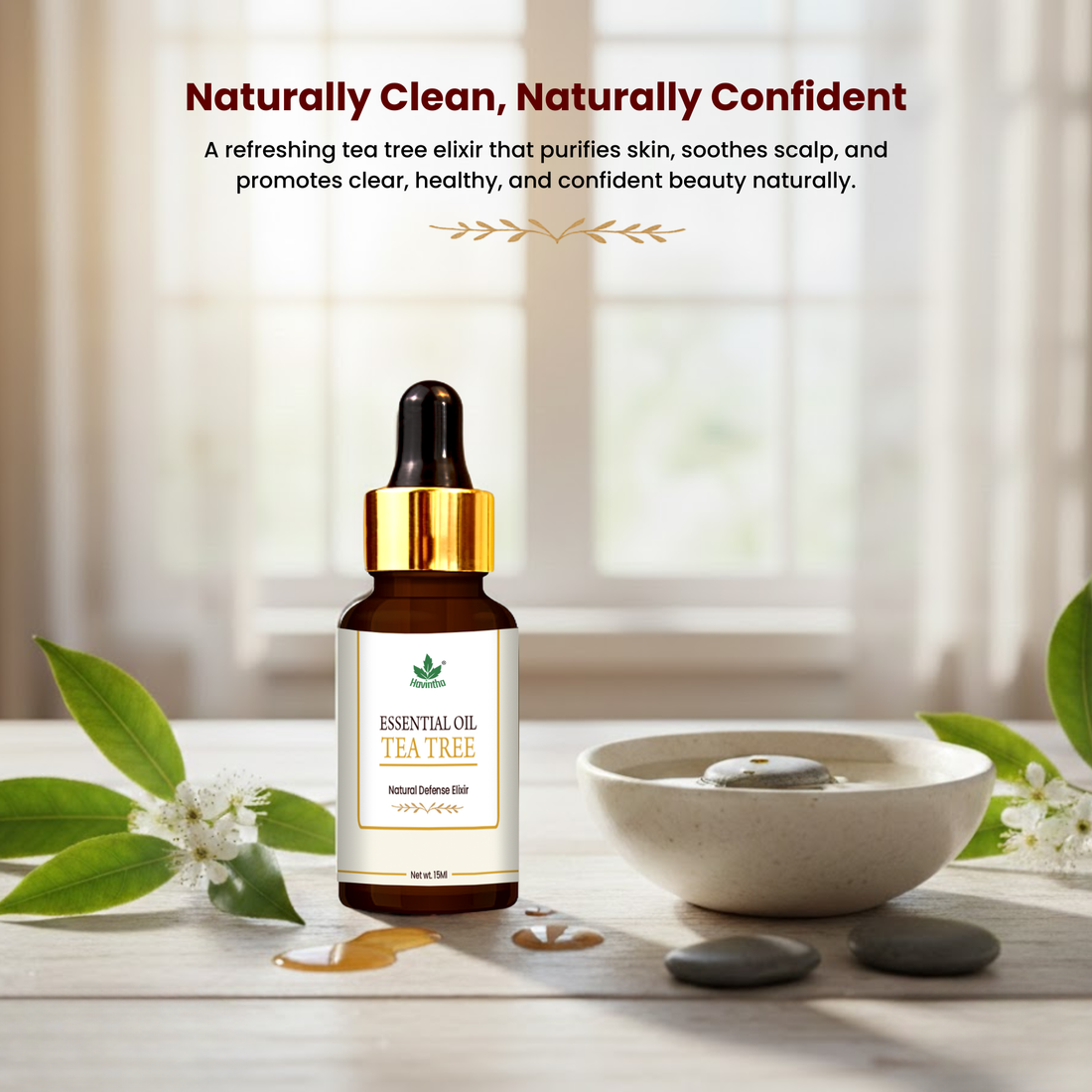 Havintha Tea Tree Essential Oil For Healthy and Glowing Skin, Acne, Dark spots and Reducing Dandruff | Pure and Organic-15 ml.