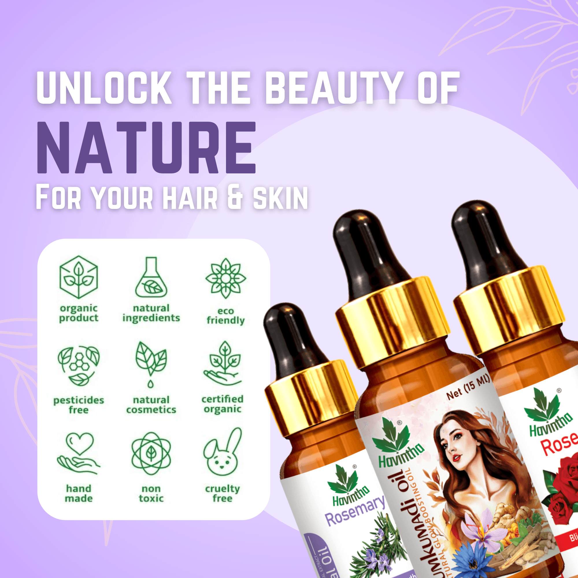 Havintha Special Essential Oil Combo | Rosemarry, Rose and Kumkumadi | for Hair and Skin