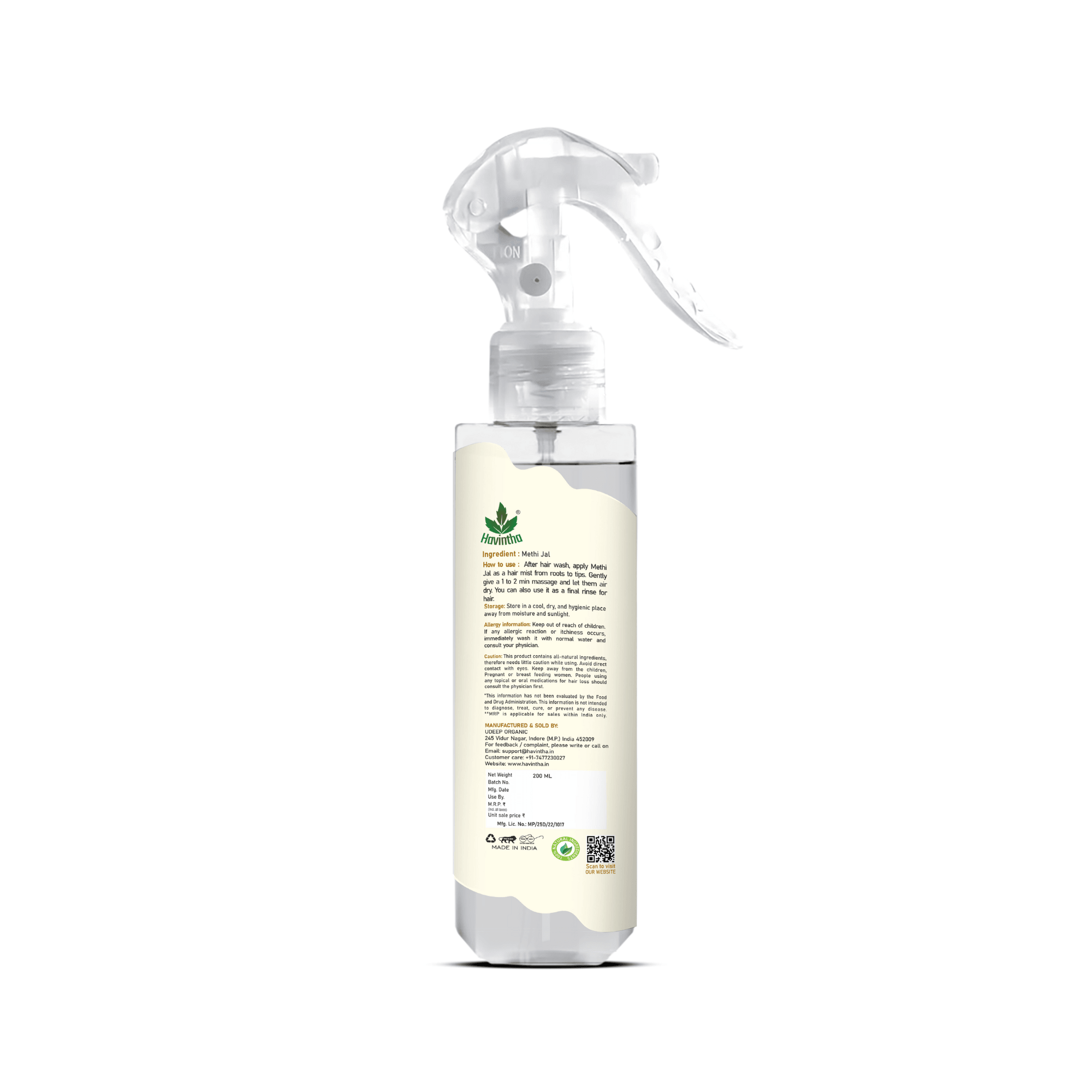 Havintha Natural Methi Jal Spray for Shiny Hair, Reduce Dandruff (200 ml) | Natural hair growth remedies | Secret to Stronger, Healthier Hair | For Men & Women, All Hair Types