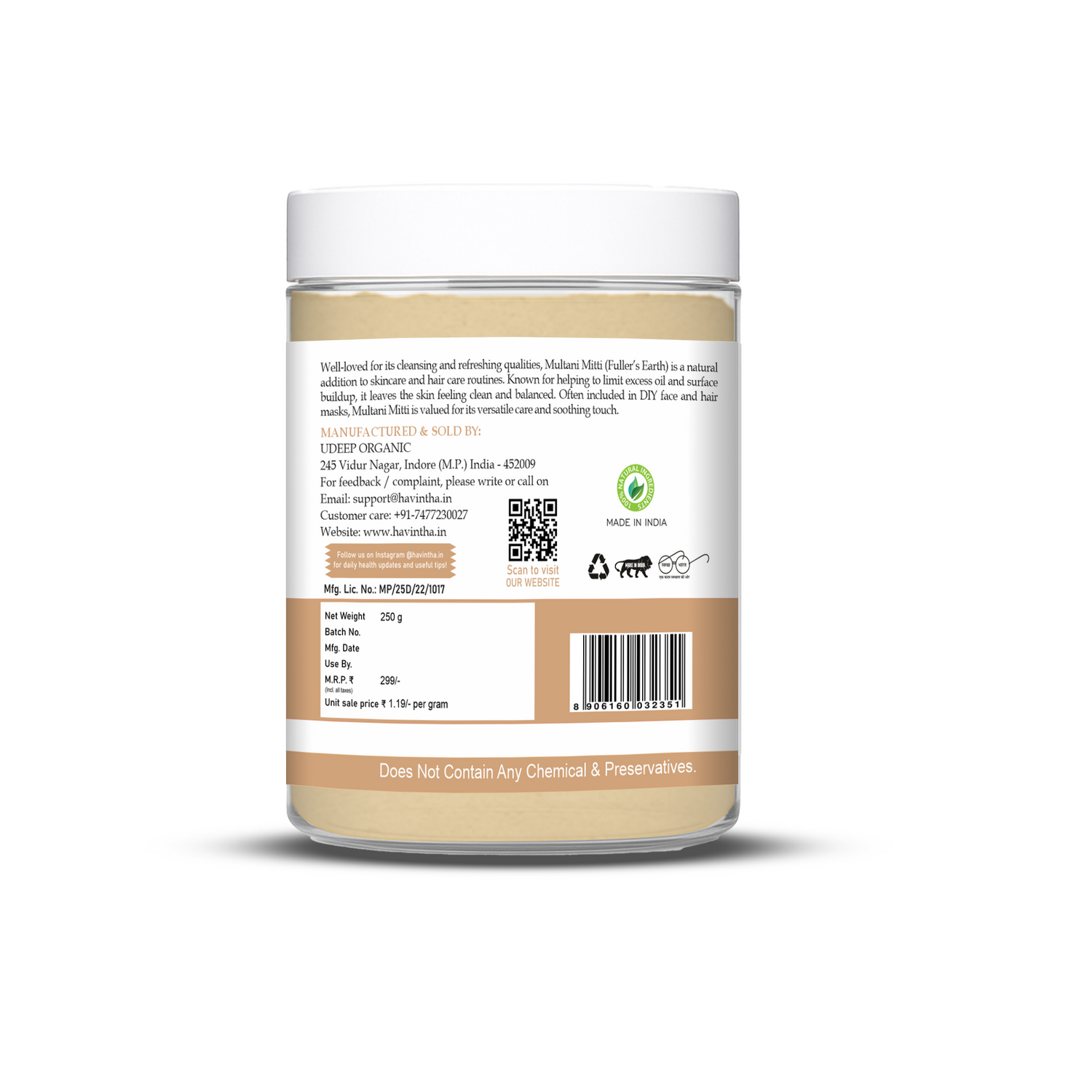 Havintha Natural Multani Mitti Powder | Natural Face Pack & Skin Care | 250 Grams (JAR)