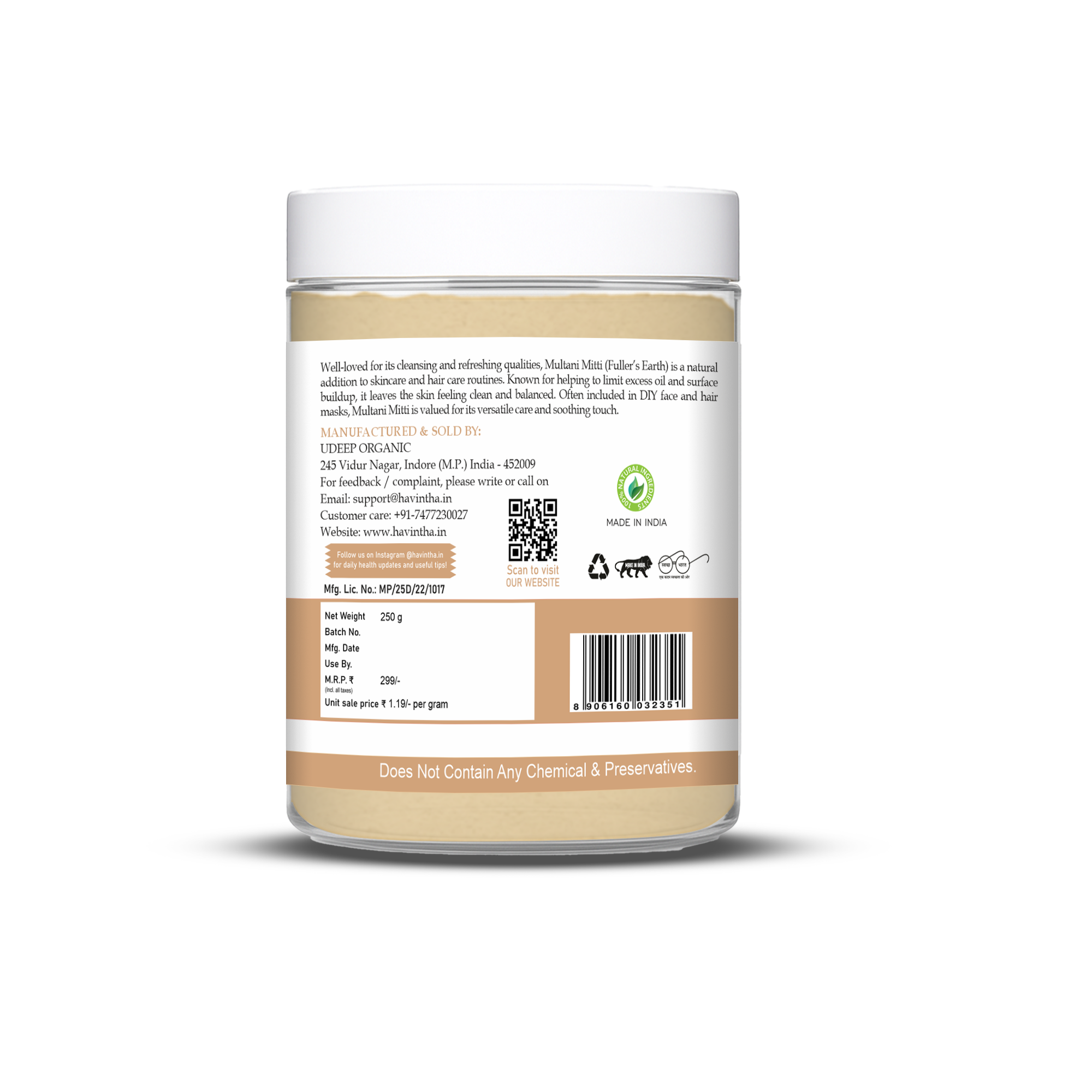Havintha Natural Multani Mitti Powder | Natural Face Pack & Skin Care | 250 Grams (JAR)