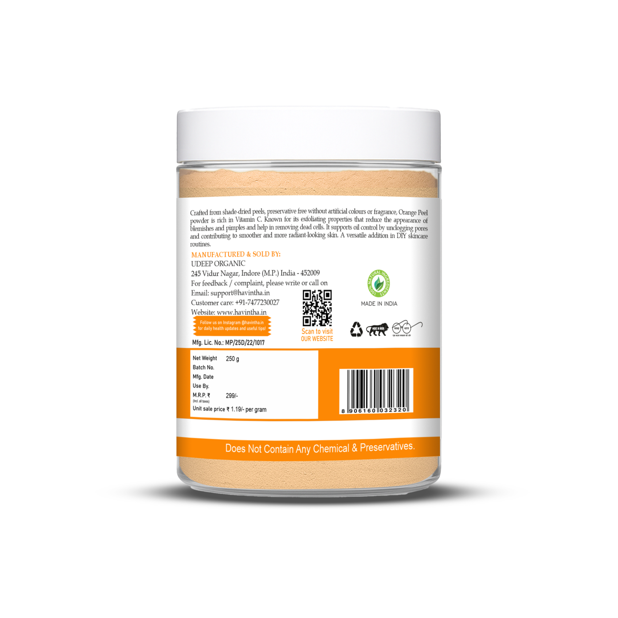 Havintha Orange Peel Powder for Face Whitening, Citrus aurantium (Santra Chilka) Pure - 227g