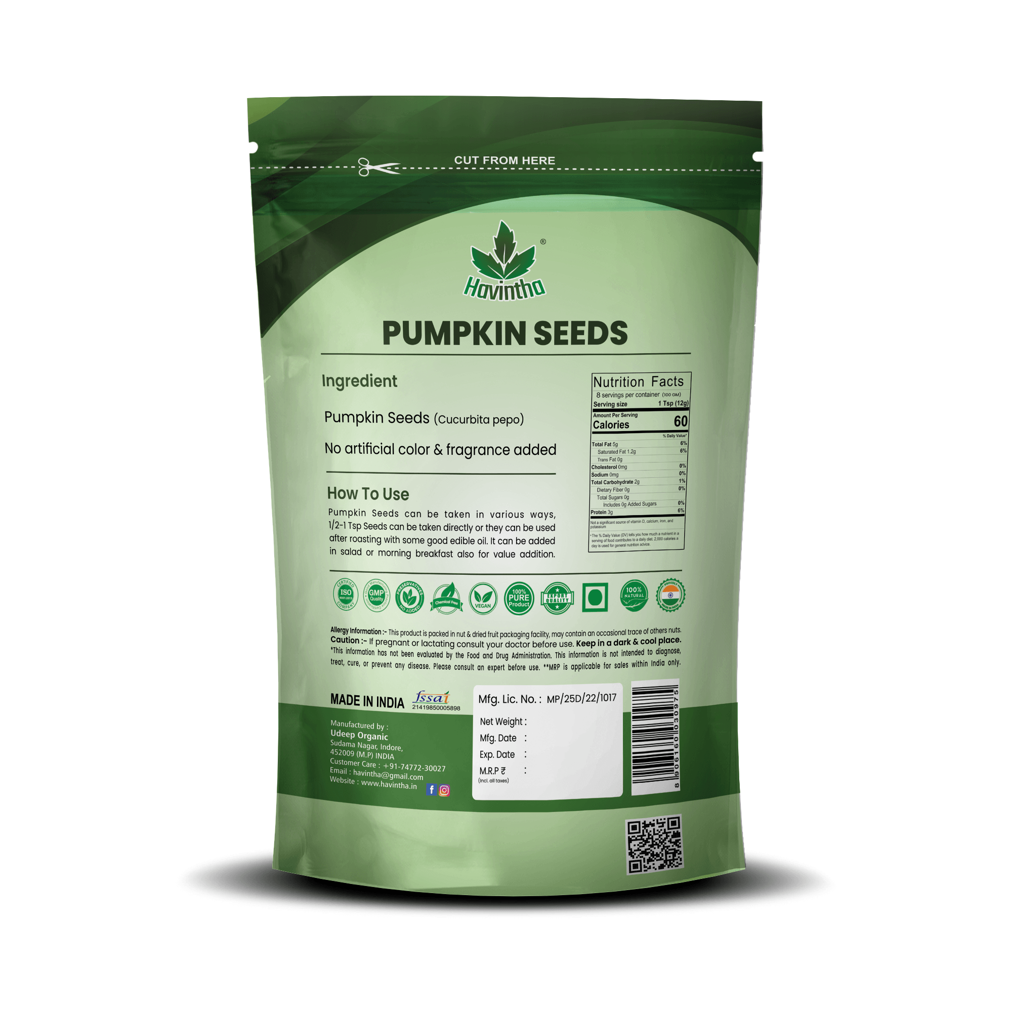 Havintha pumpkin seeds for Eating (Raw And Unroasted), Immunity Booster Seeds - 100 Grams