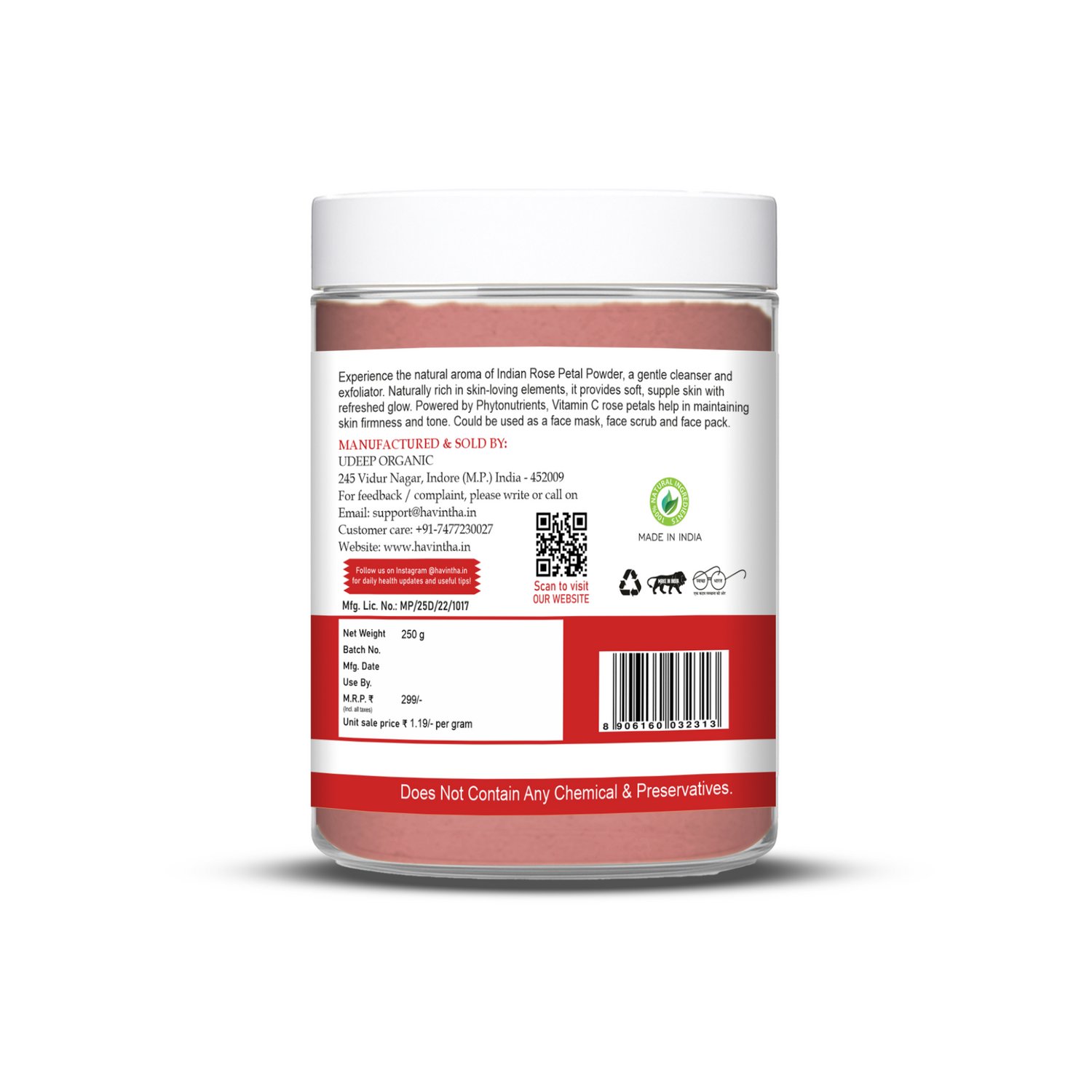 Havintha Natural Rose Petals Powder | For Skin Brightening | 250 Grams (JAR)