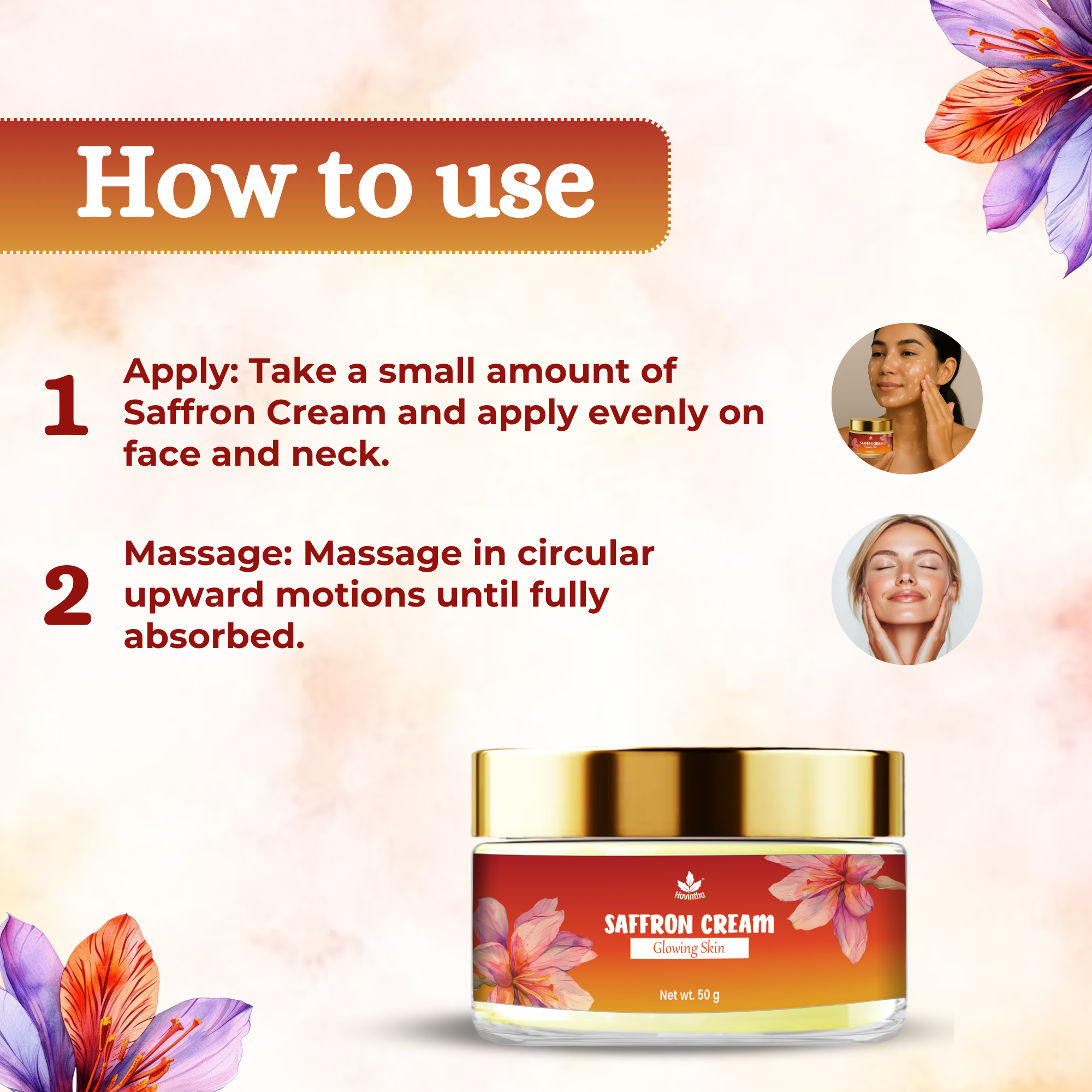 Havintha Natural Saffron Cream for Face Glow, Radiance and Brightening | Herbal Face Cream for Skin Whitening, Anti-Aging, Dark Spots Removal, Pigmentation, Moisturizing & Even Skin Tone - 50g