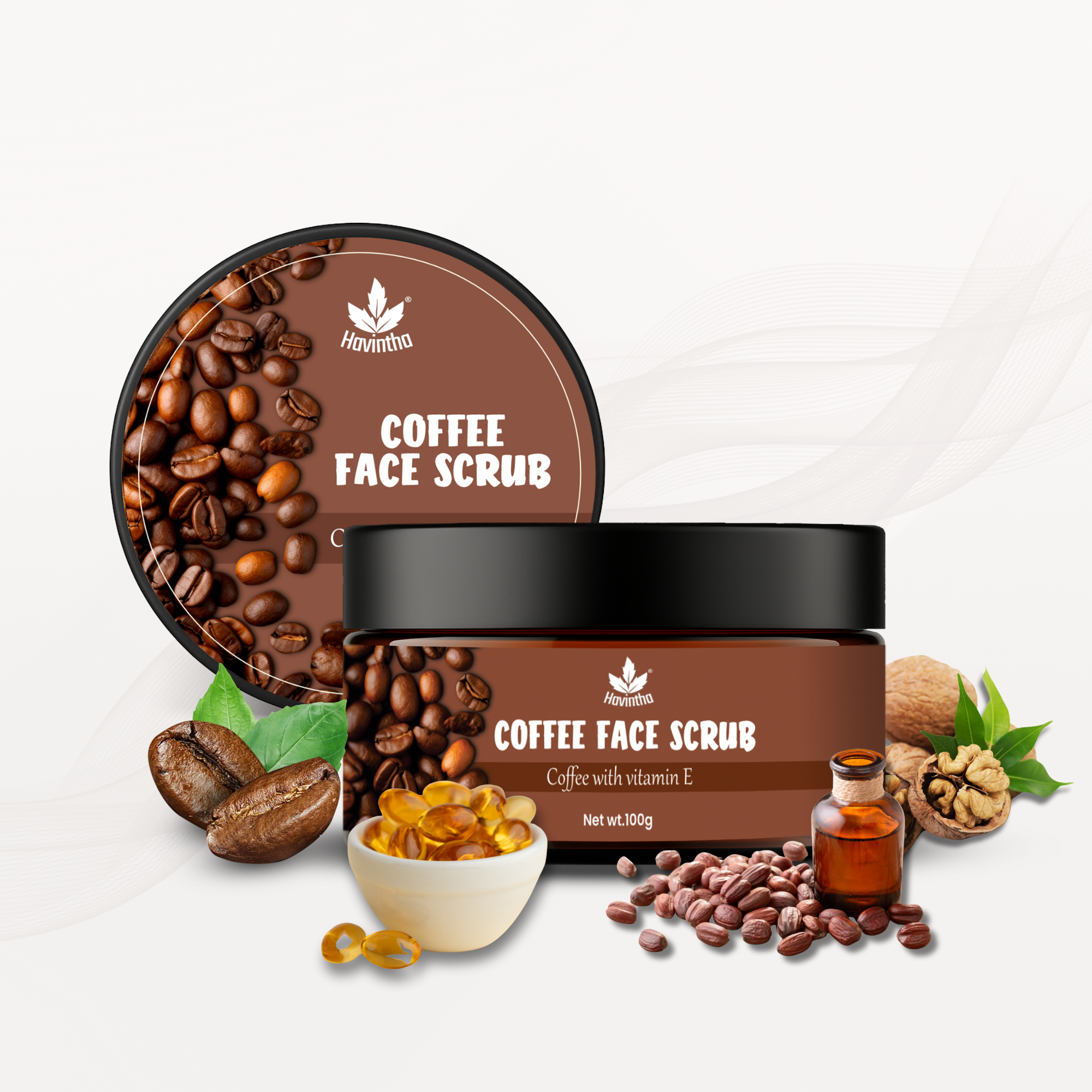 Havintha Coffee Face Scrub | Natural Exfoliator for Glowing Skin, Acne, Cellulite & Stretch Marks | With Vitamin E, Jojoba Oil & Kaolin Clay | Gentle, Skin-Brightening Formula – 100gm