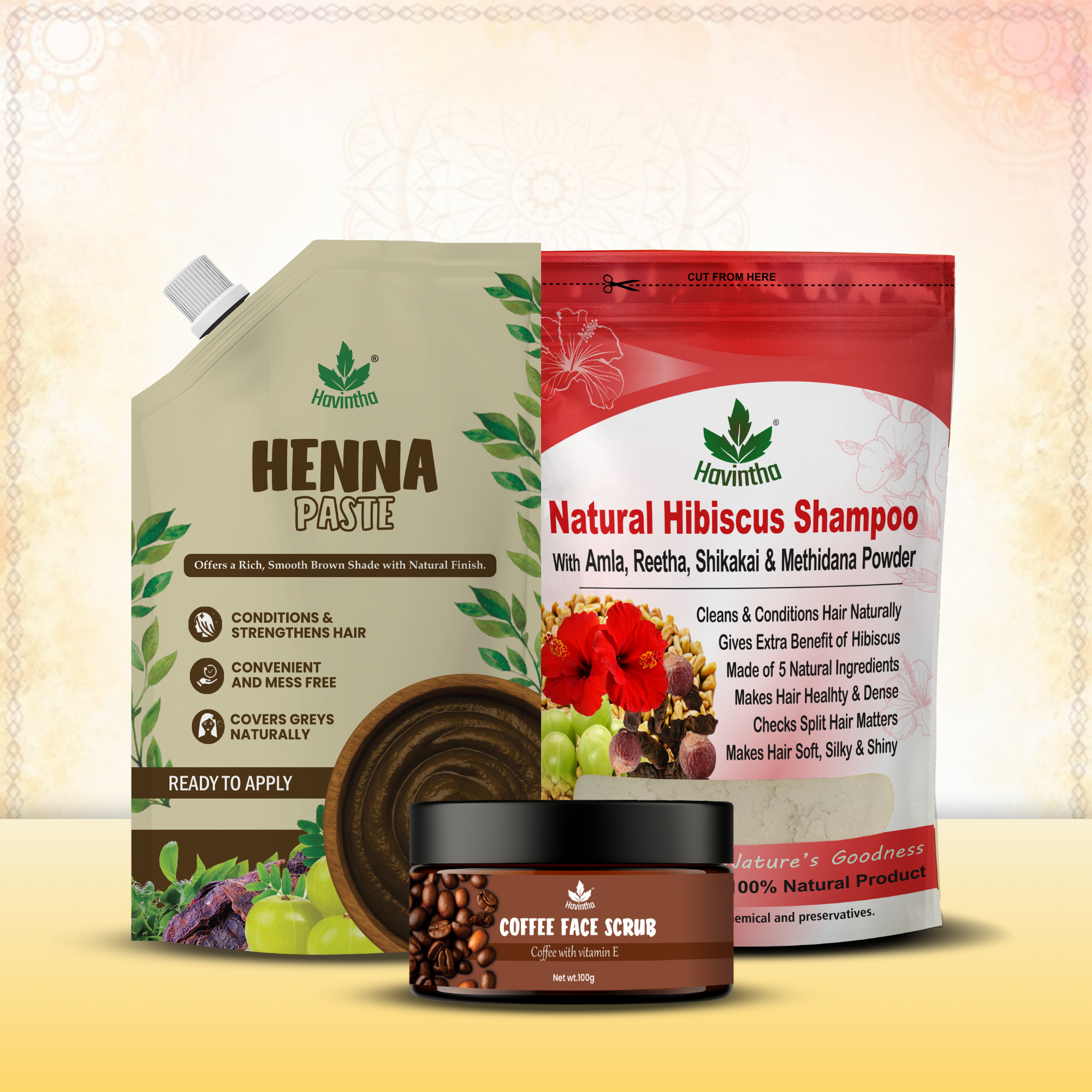 Natural Hibiscus Powder Shampoo (227g) | Havintha Natural Henna Paste (200g) & Coffee Face Scrub (100g)